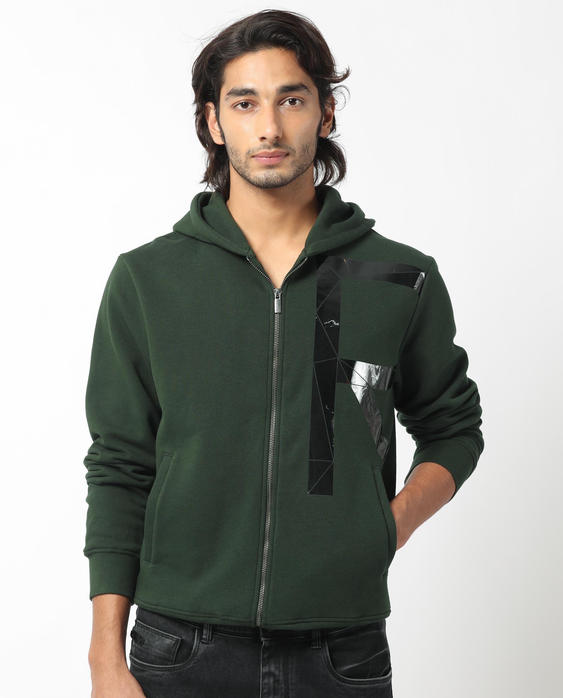 Rare Rabbit Men's Kaden Green Cotton Polyester Fabric Full Sleeves Placement Foil Print Hooded Sweatshirt