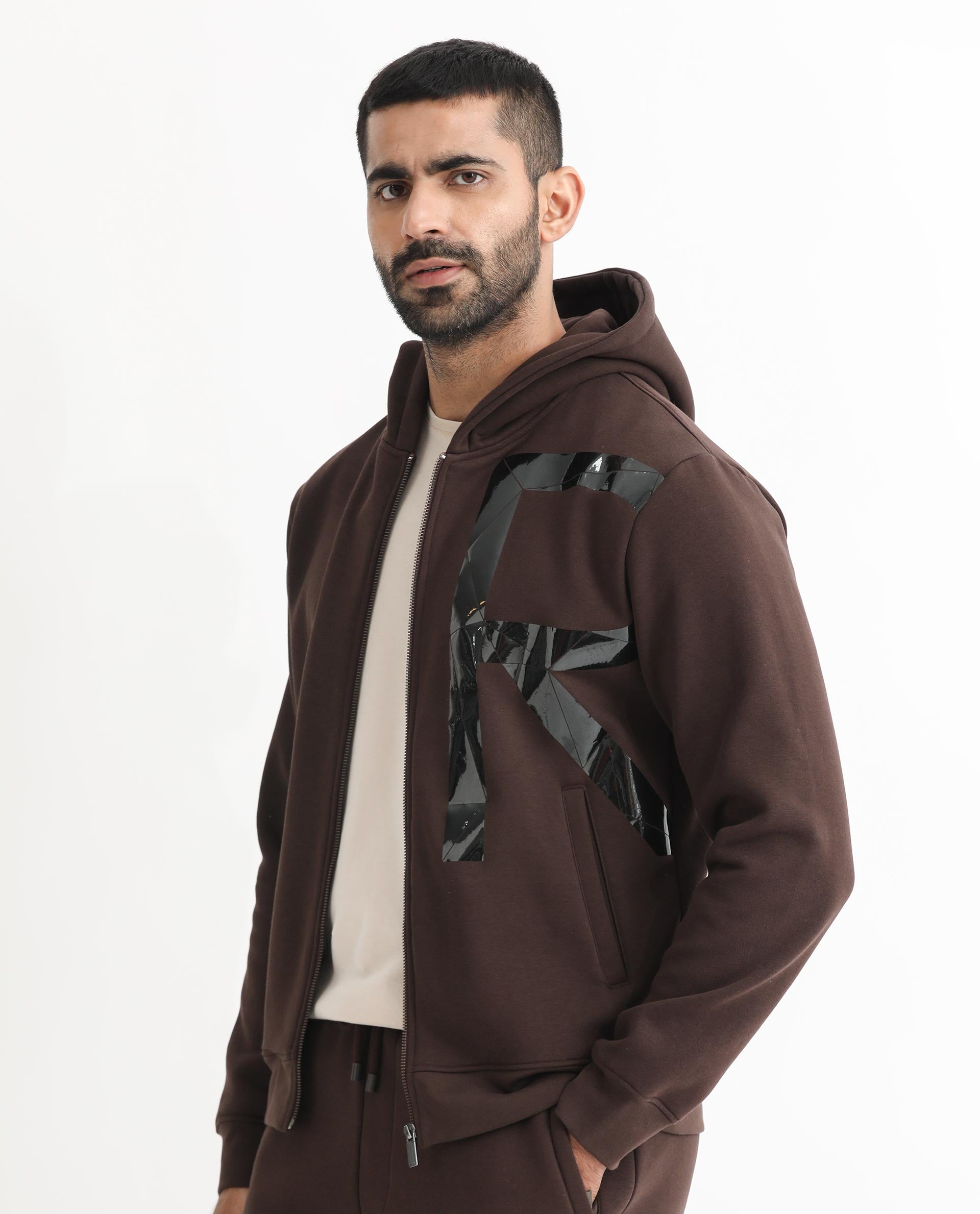 Rare Rabbit Men's Kaden Maroon Cotton Polyester Fabric Full Sleeves Placement Foil Print Hooded Sweatshirt