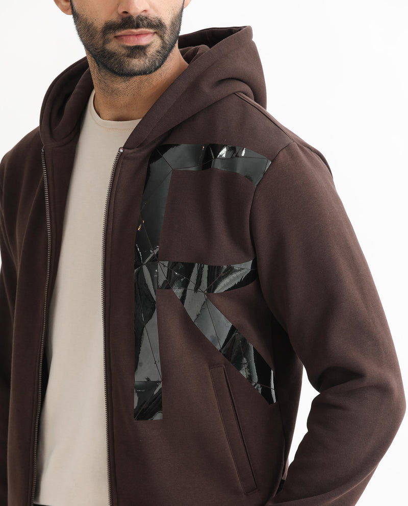 Rare Rabbit Men's Kaden Maroon Cotton Polyester Fabric Full Sleeves Placement Foil Print Hooded Sweatshirt