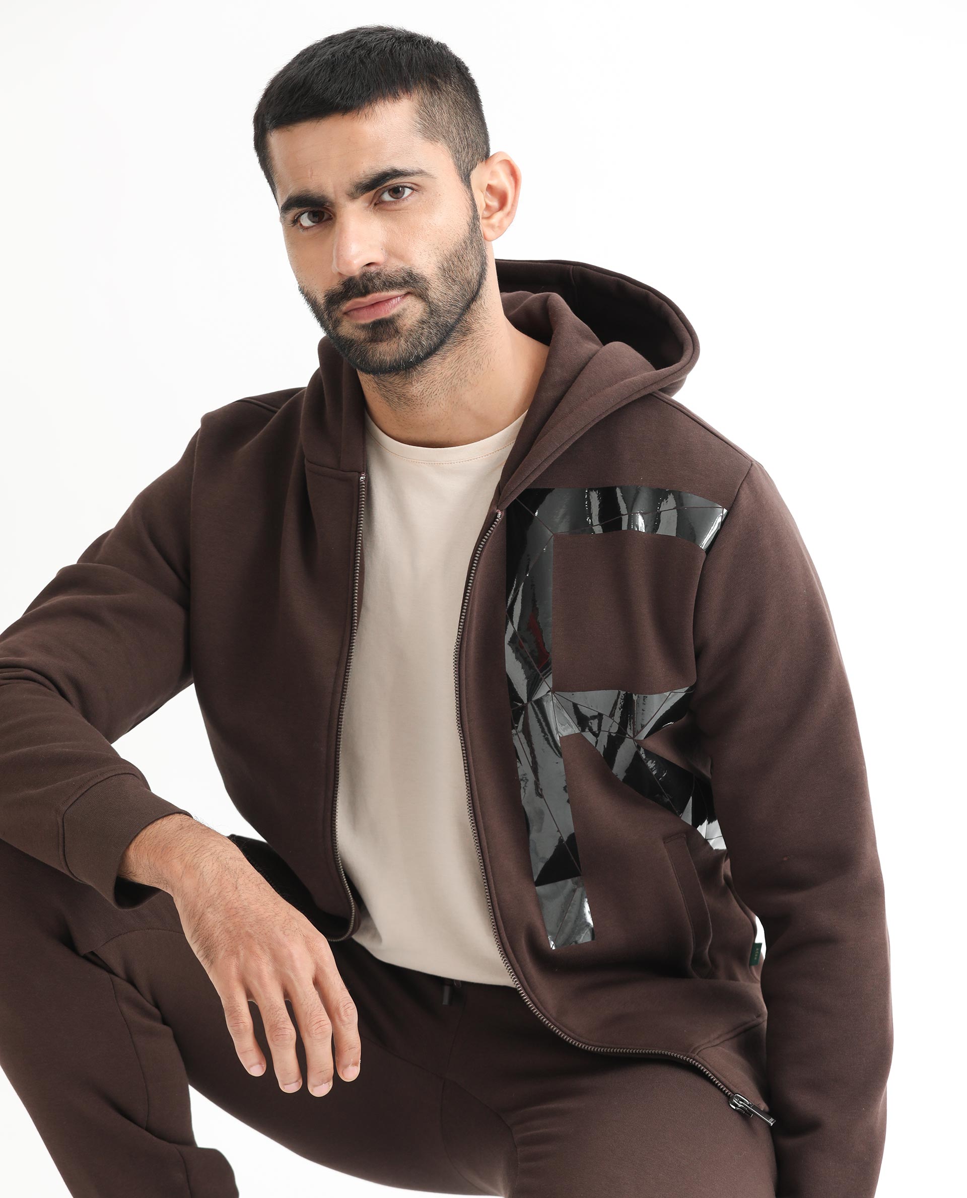 Rare Rabbit Men's Kaden Maroon Cotton Polyester Fabric Full Sleeves Placement Foil Print Hooded Sweatshirt