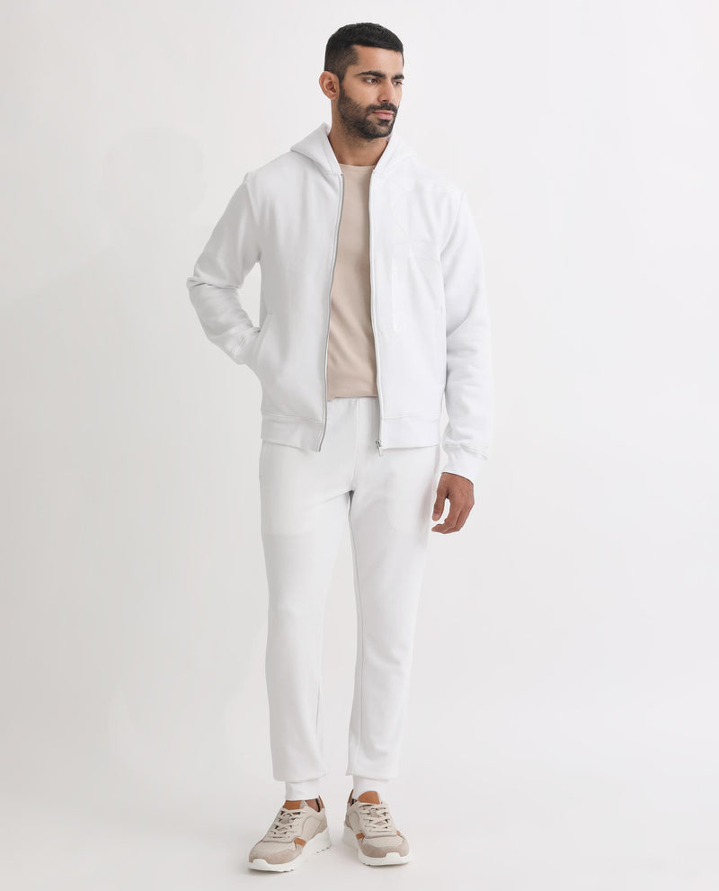 Rare Rabbit Men's Kaden White Cotton Polyester Fabric Full Sleeves Placement Foil Print Hooded Sweatshirt