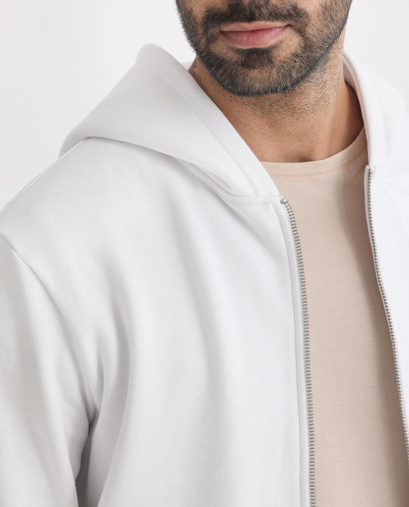 Rare Rabbit Men's Kaden White Cotton Polyester Fabric Full Sleeves Placement Foil Print Hooded Sweatshirt