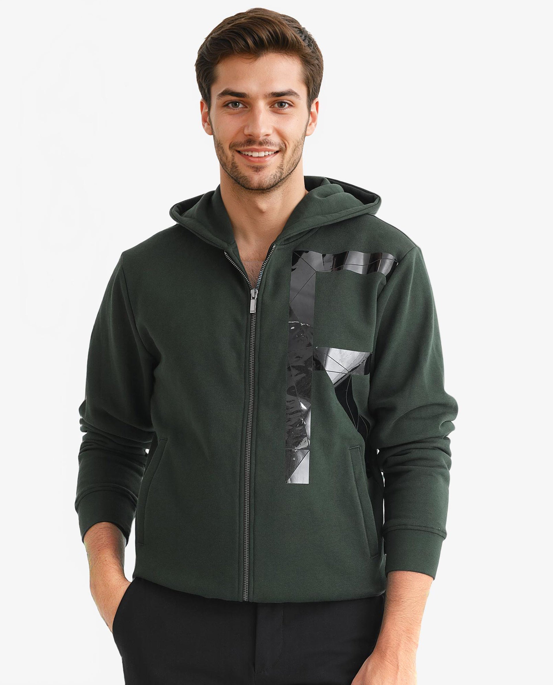 Rare Rabbit Men's Kaden Green Cotton Polyester Fabric Full Sleeves Placement Foil Print Hooded Sweatshirt