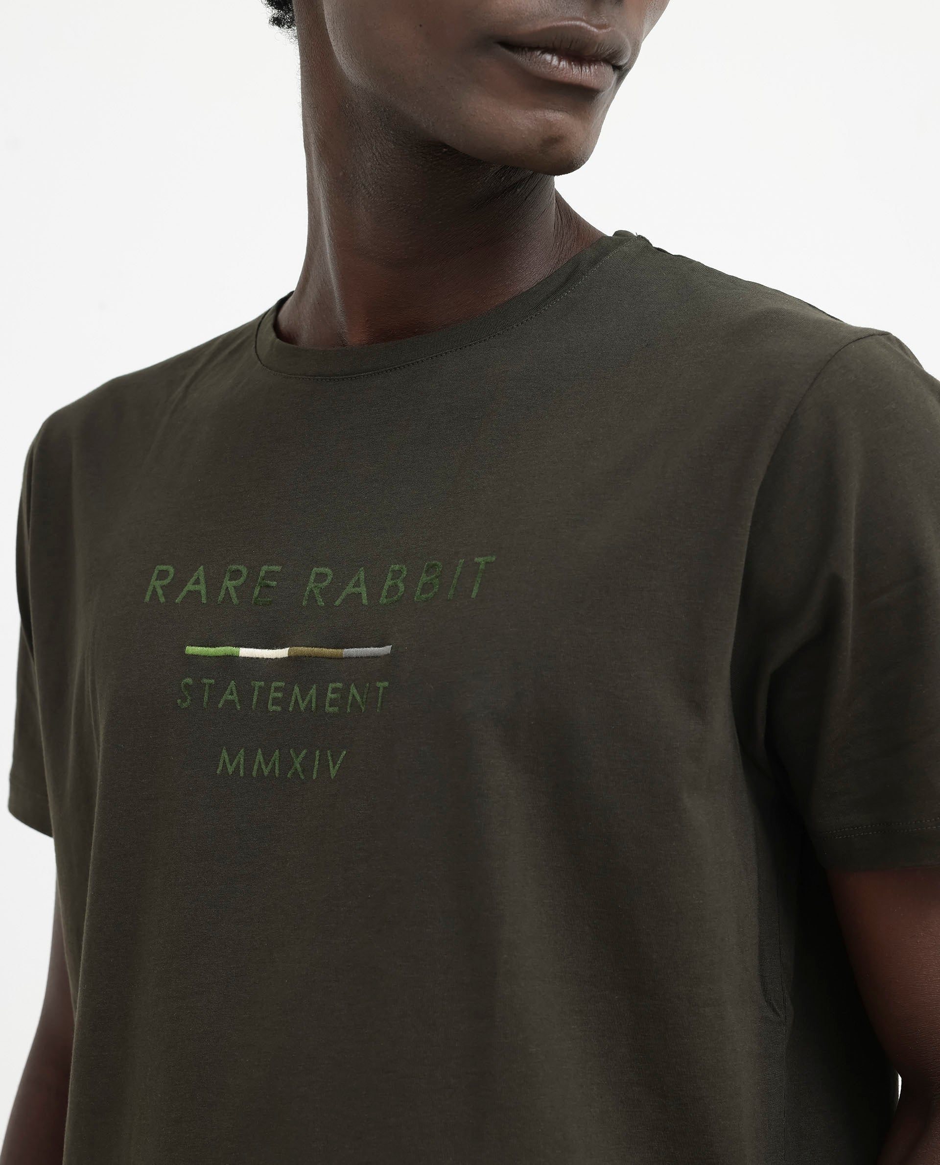 Rare Rabbit Men's Kael Olive Cotton Lycra Half Sleeves Graphic Print T-Shirt