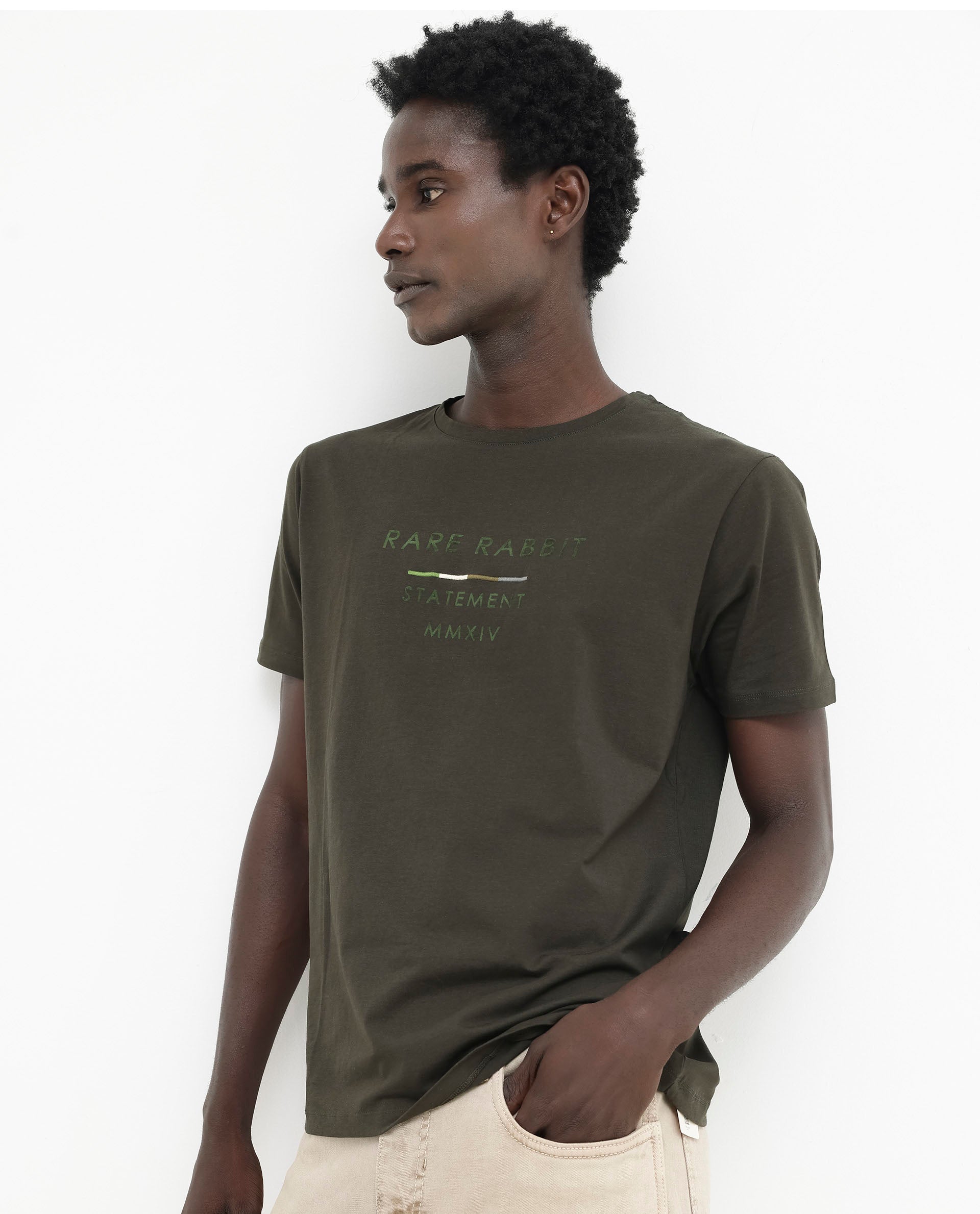 Rare Rabbit Men's Kael Olive Cotton Lycra Half Sleeves Graphic Print T-Shirt