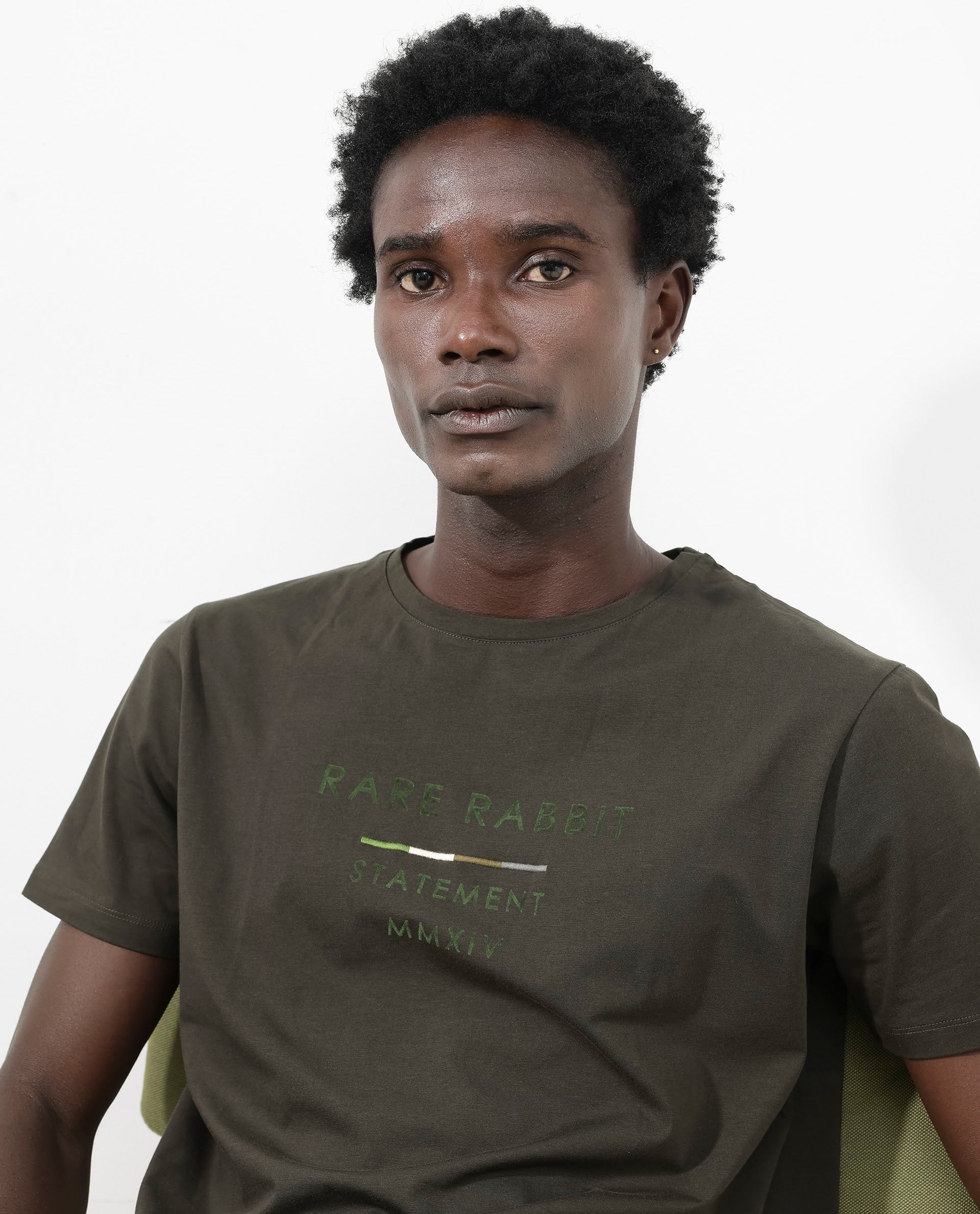 Rare Rabbit Men's Kael Olive Cotton Lycra Half Sleeves Graphic Print T-Shirt