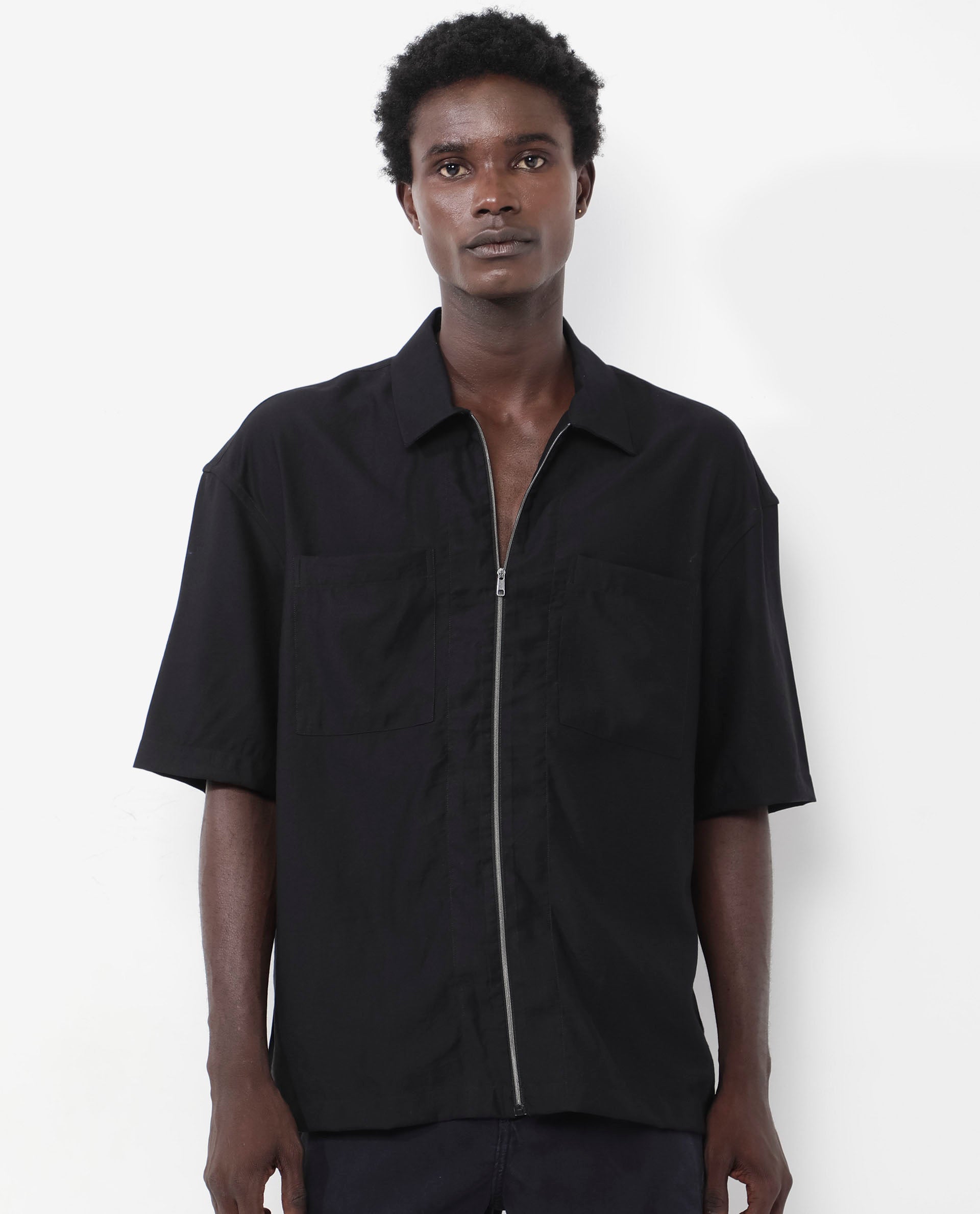 Rare Rabbit Articale Men's Kai Black Viscose Nylon Fabric Short Sleeve Zip Closure Boxy Fit Solid Shirt