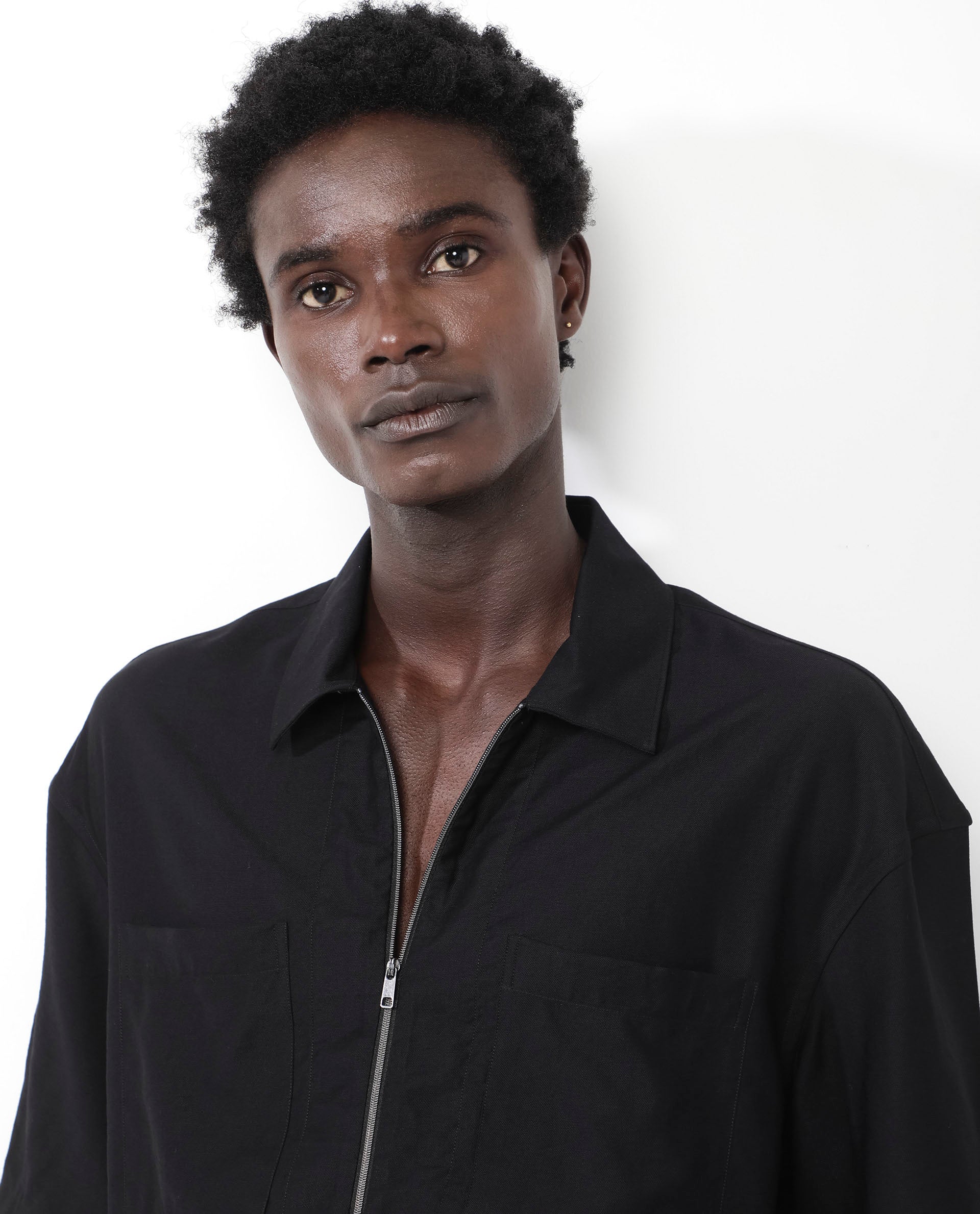 Rare Rabbit Articale Men's Kai Black Viscose Nylon Fabric Short Sleeve Zip Closure Boxy Fit Solid Shirt