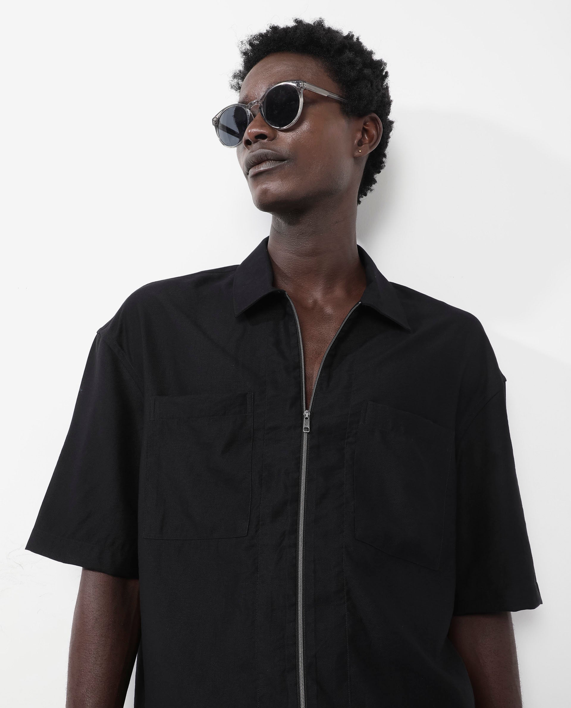 Rare Rabbit Articale Men's Kai Black Viscose Nylon Fabric Short Sleeve Zip Closure Boxy Fit Solid Shirt