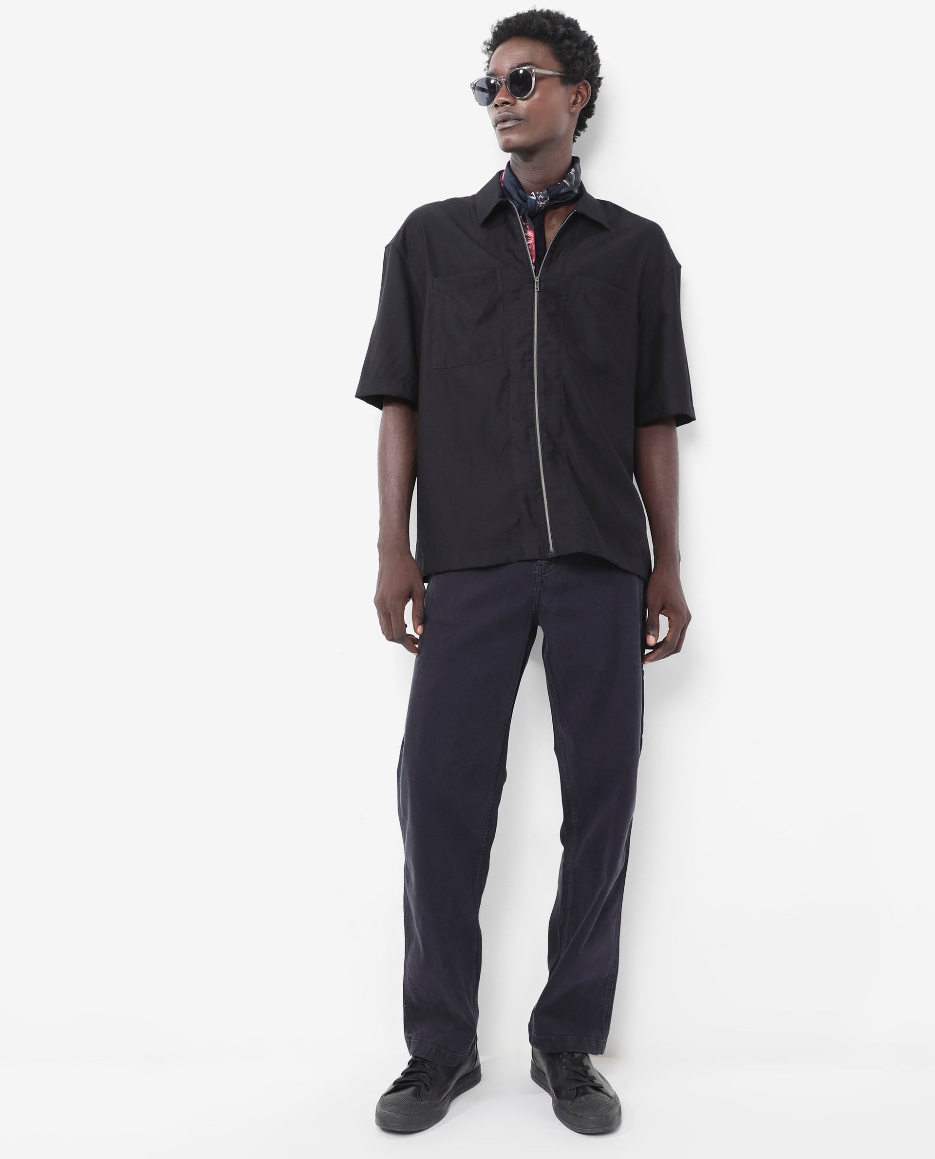 Rare Rabbit Articale Men's Kai Black Viscose Nylon Fabric Short Sleeve Zip Closure Boxy Fit Solid Shirt