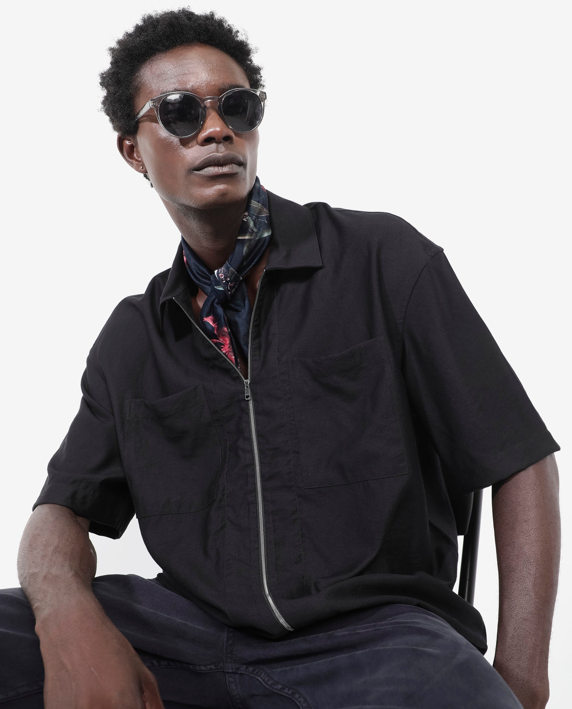 Rare Rabbit Articale Men's Kai Black Viscose Nylon Fabric Short Sleeve Zip Closure Boxy Fit Solid Shirt