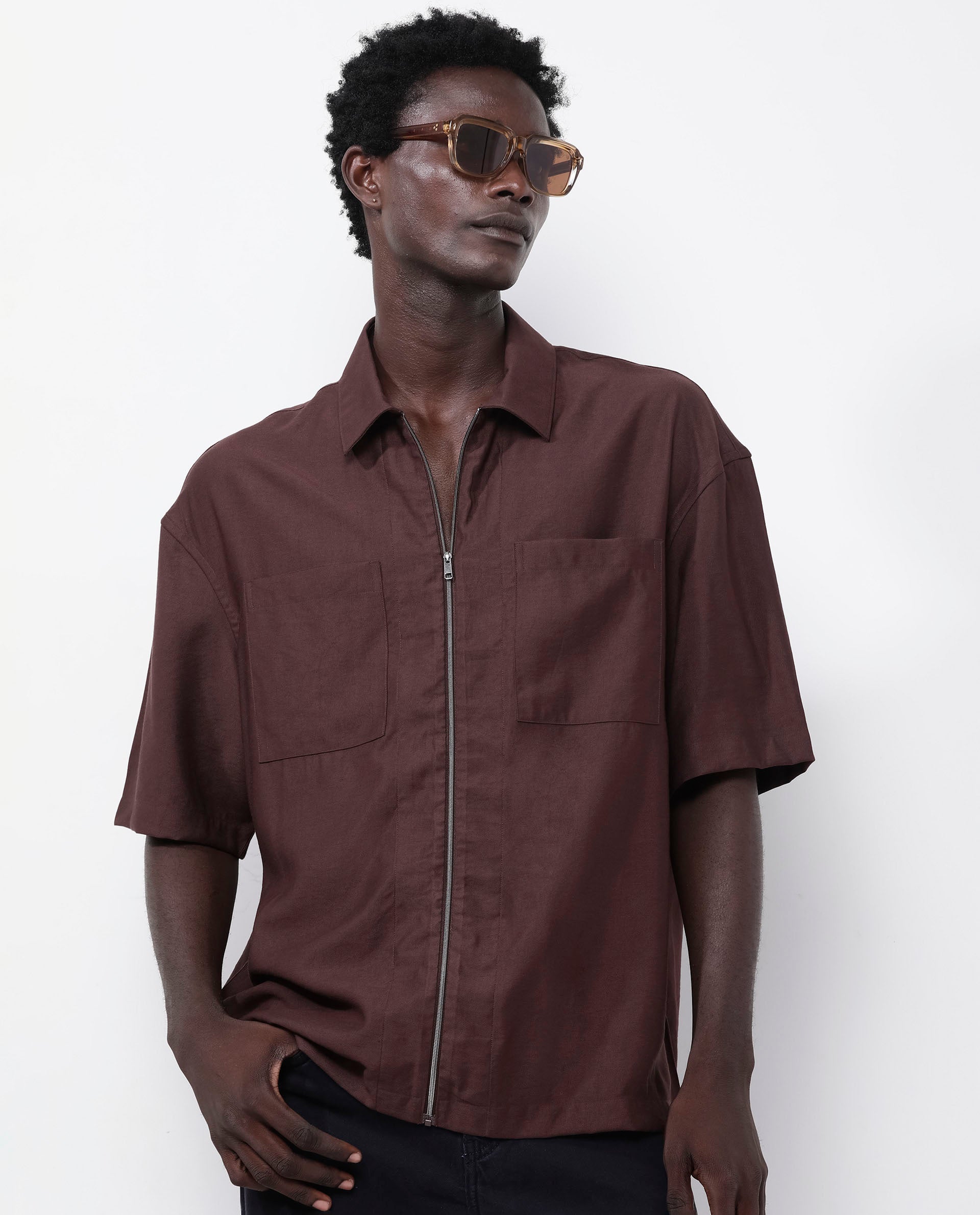 Rare Rabbit Articale Men's Kai Dark Brown Viscose Nylon Fabric Short Sleeve Zip Closure Boxy Fit Solid Shirt