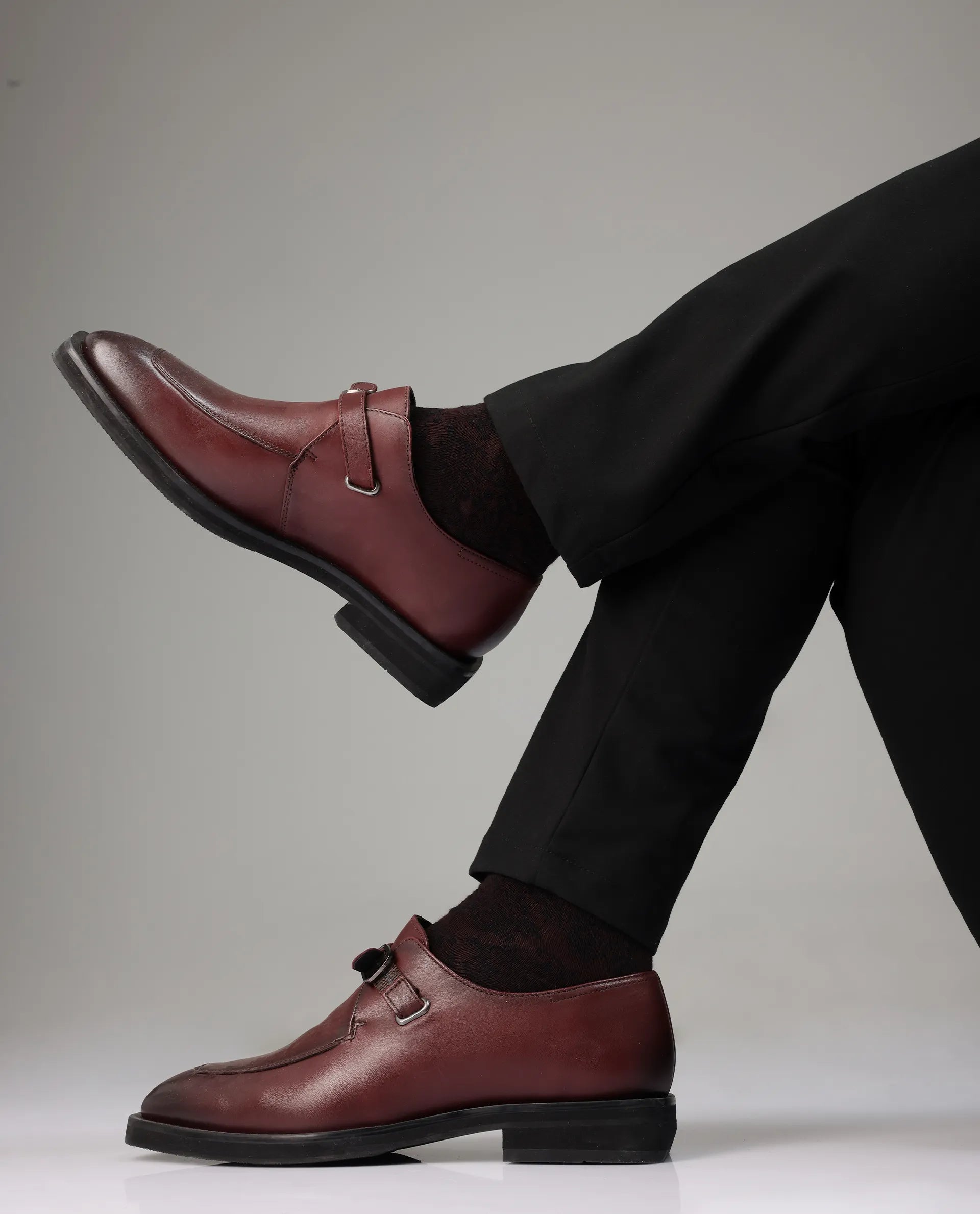 Rare Rabbit Men Kai Maroon Genuine Leather Buckle Strap Slip-On Loafers