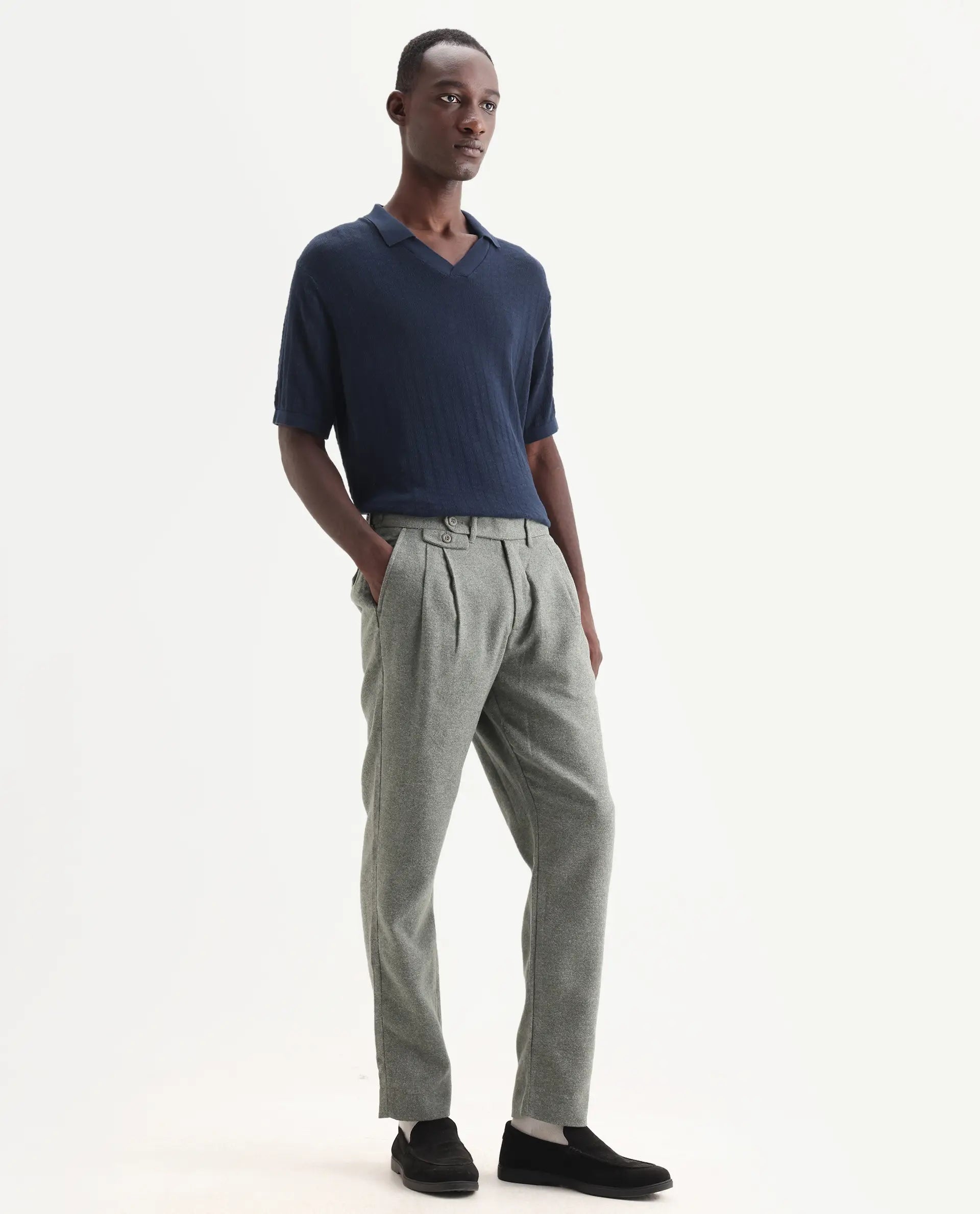 Rare Rabbit Men's Kaino Dark Green Felt Plain Regular Fit Trouser