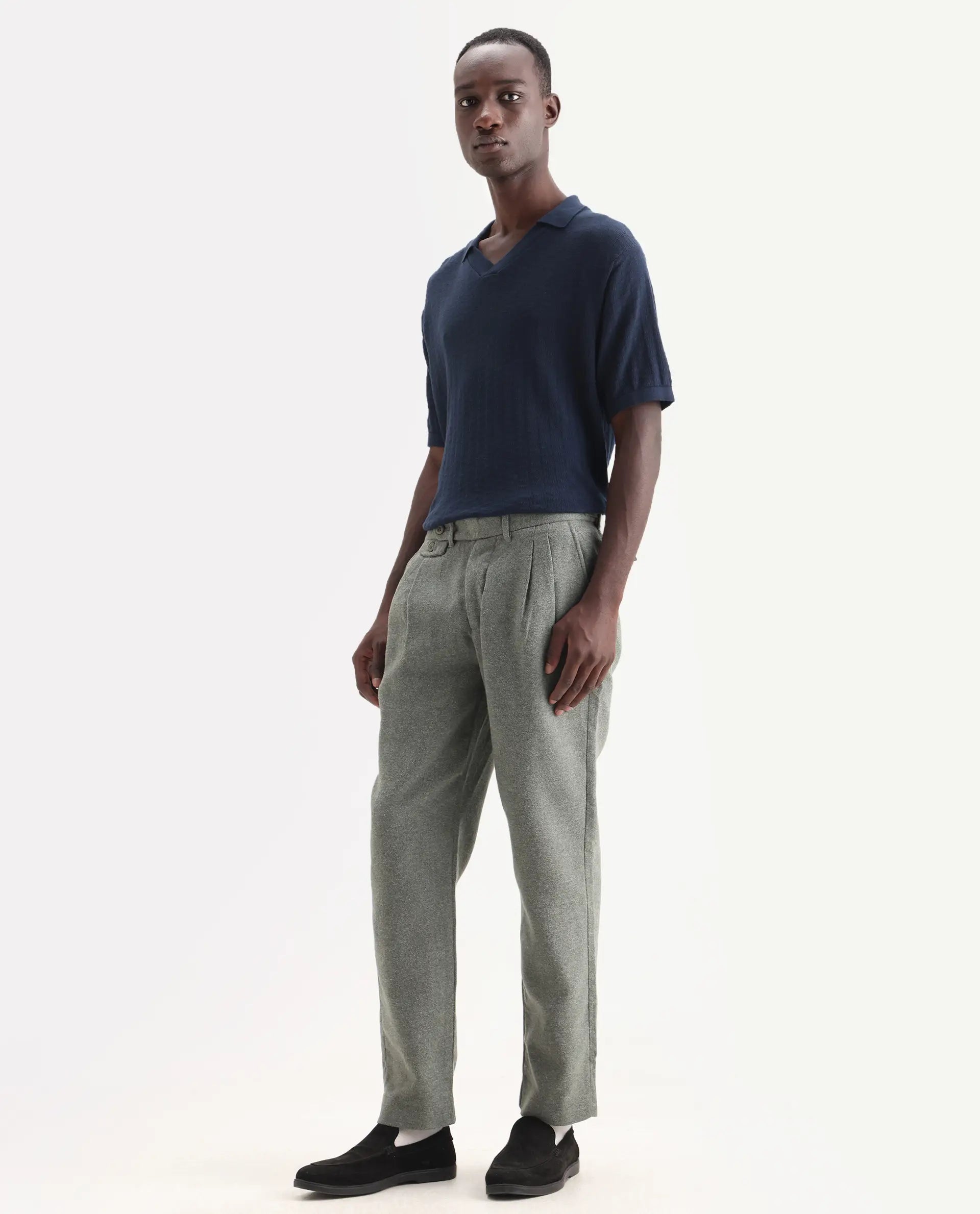 Rare Rabbit Men's Kaino Dark Green Felt Plain Regular Fit Trouser