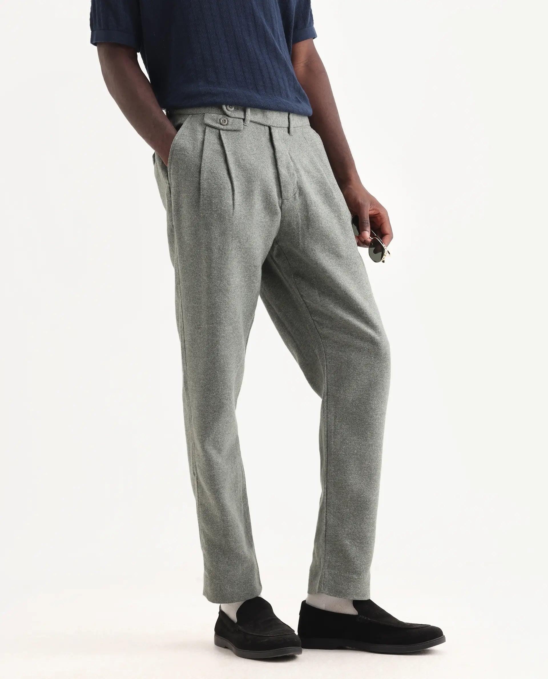 Rare Rabbit Men's Kaino Dark Green Felt Plain Regular Fit Trouser