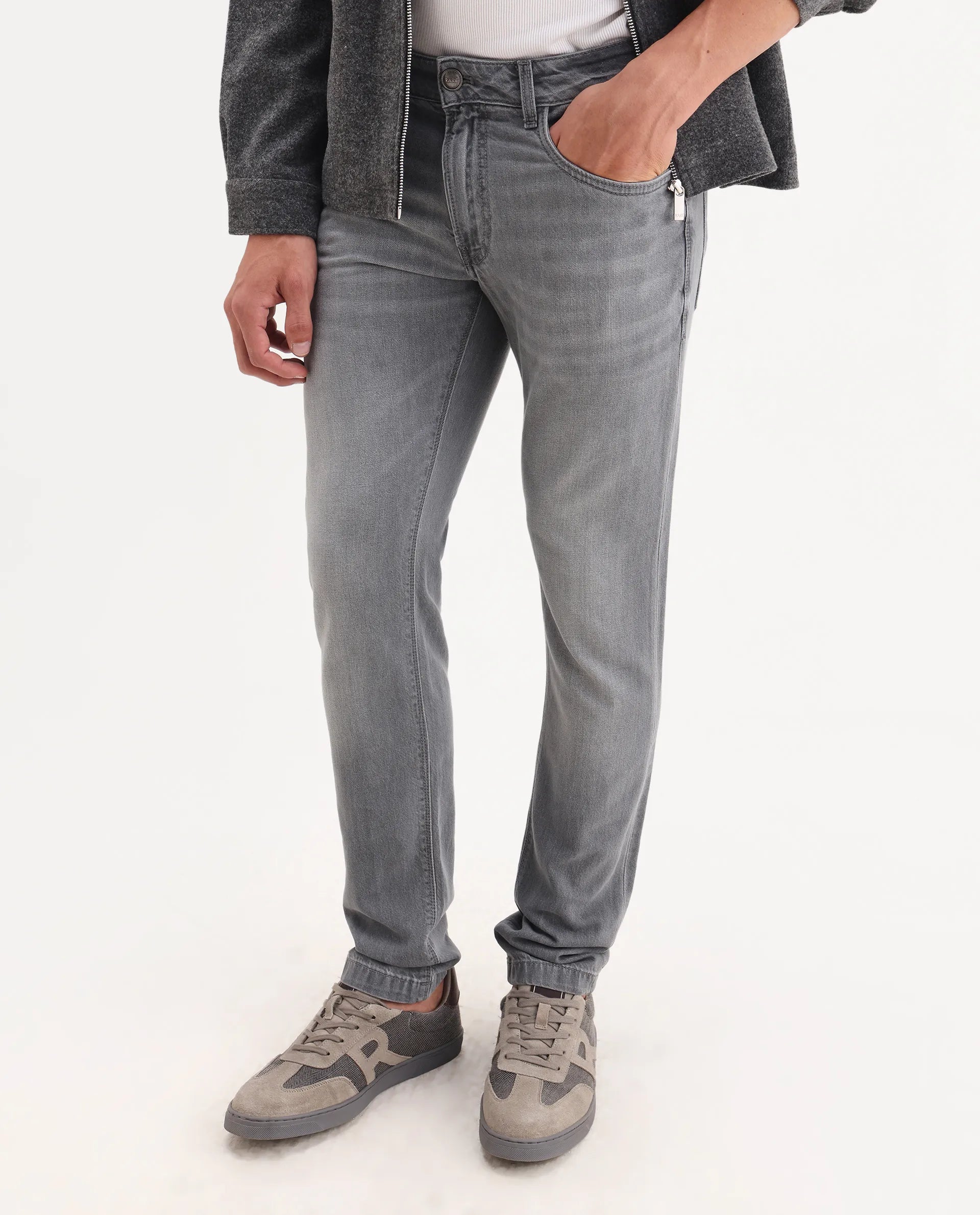 Rare Rabbit Men's Kairo-2 Grey Cotton Fabric Kurt Carrot Plain Jeans