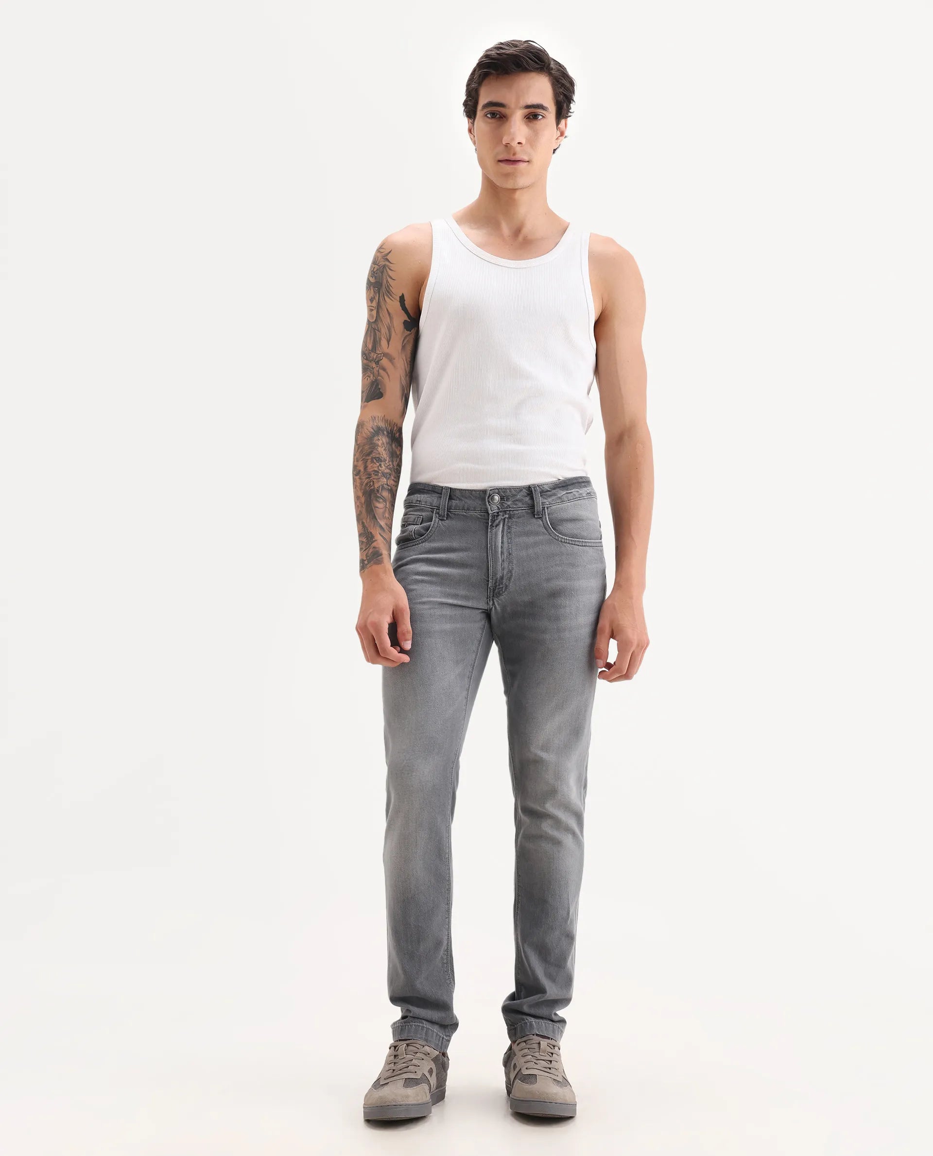 Rare Rabbit Men's Kairo-2 Grey Cotton Fabric Kurt Carrot Plain Jeans