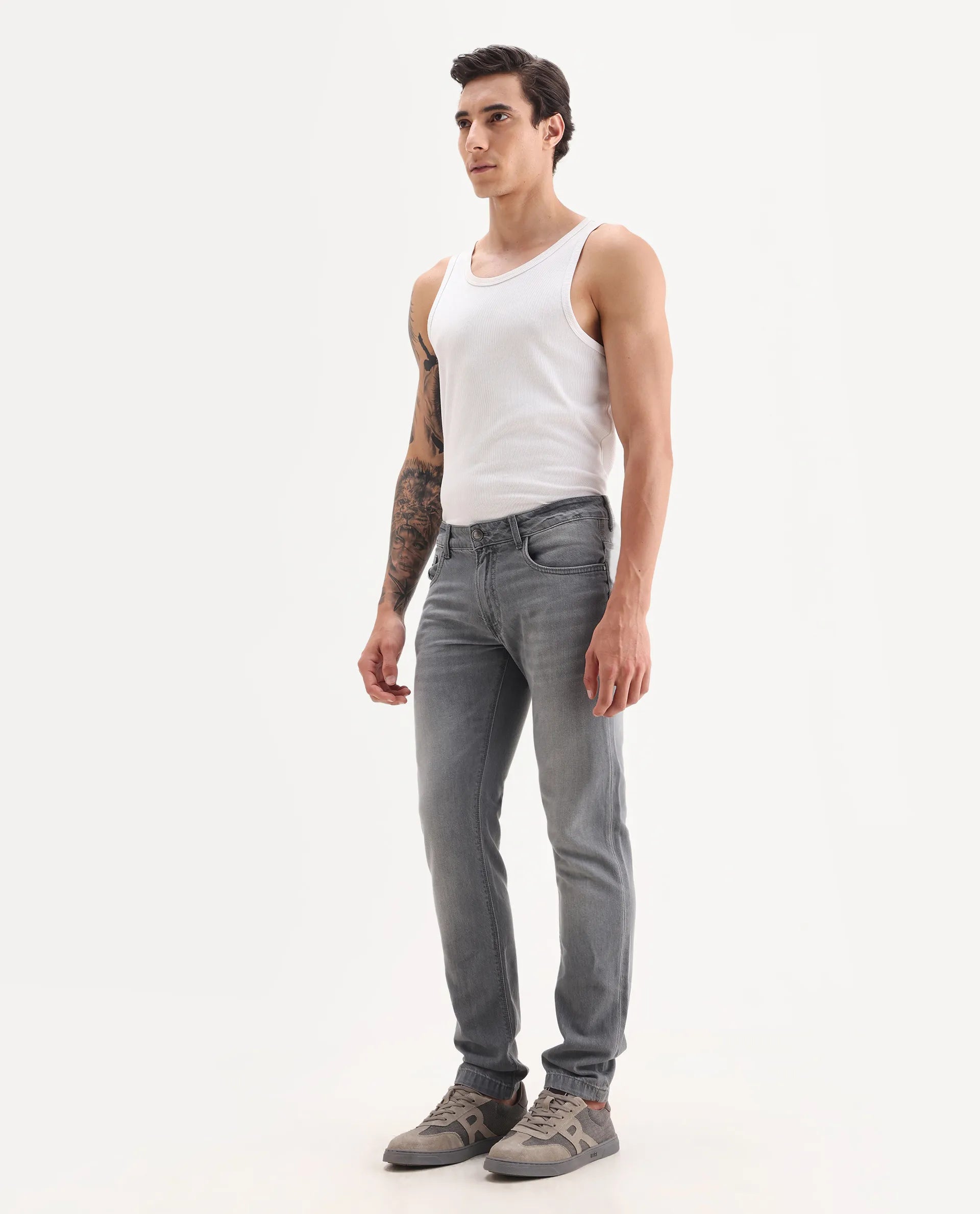 Rare Rabbit Men's Kairo-2 Grey Cotton Fabric Kurt Carrot Plain Jeans