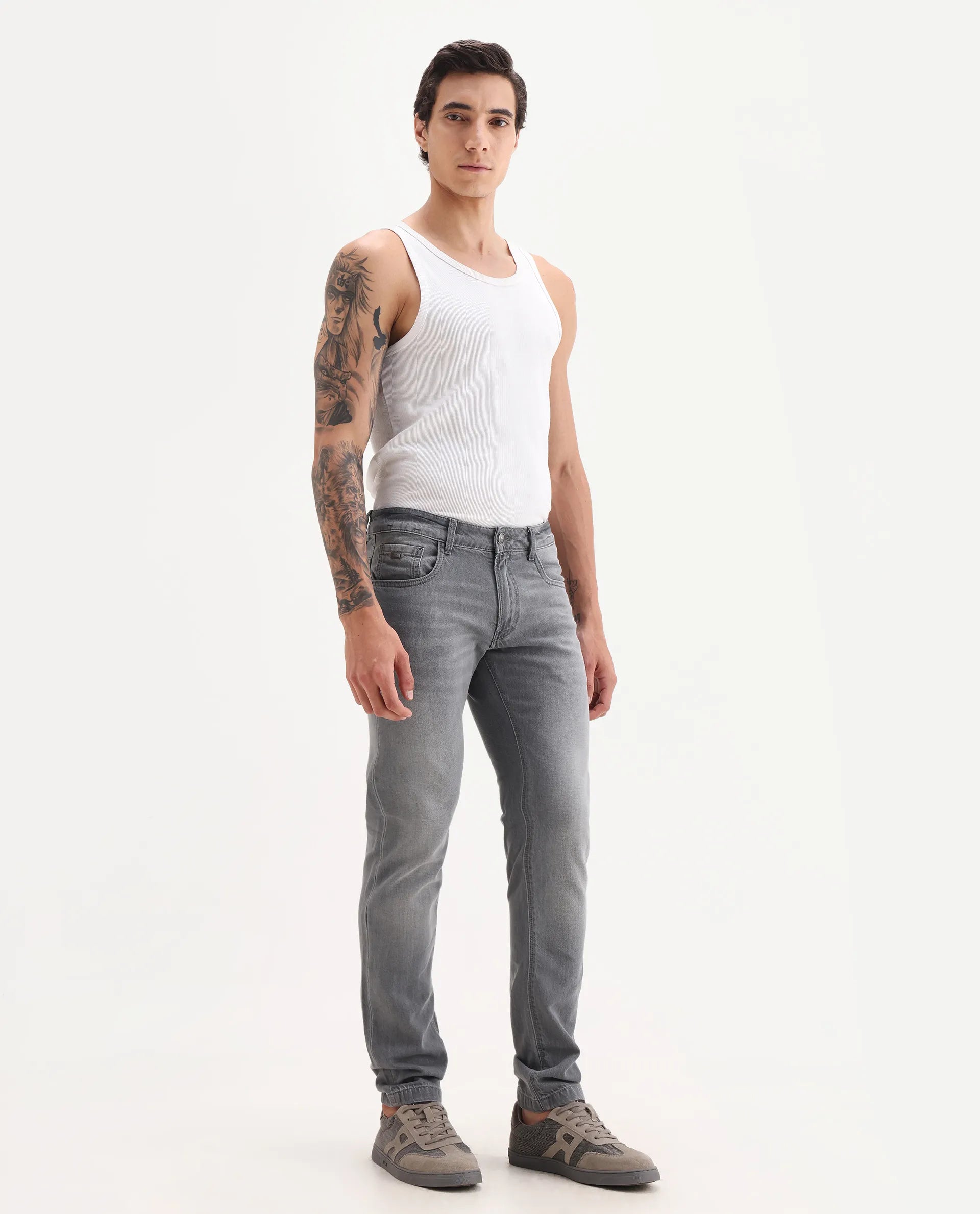 Rare Rabbit Men's Kairo-2 Grey Cotton Fabric Kurt Carrot Plain Jeans