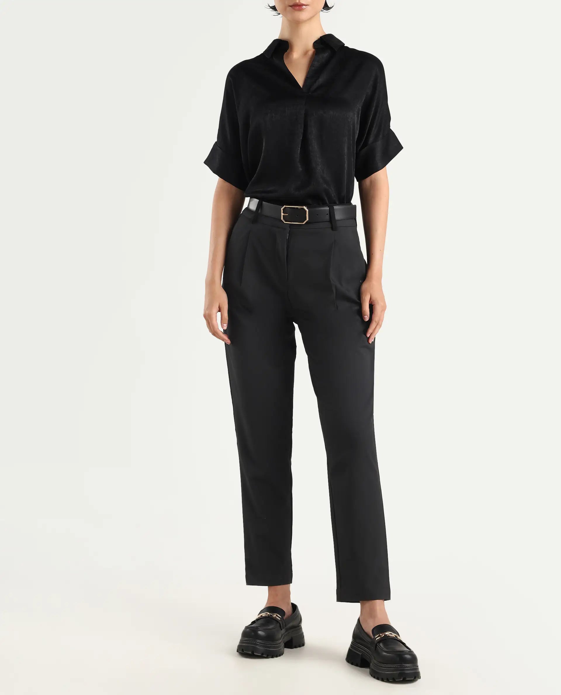 Rareism Women's Kaish Black Polyester Blend Plain Ankle Length Tapered Trouser