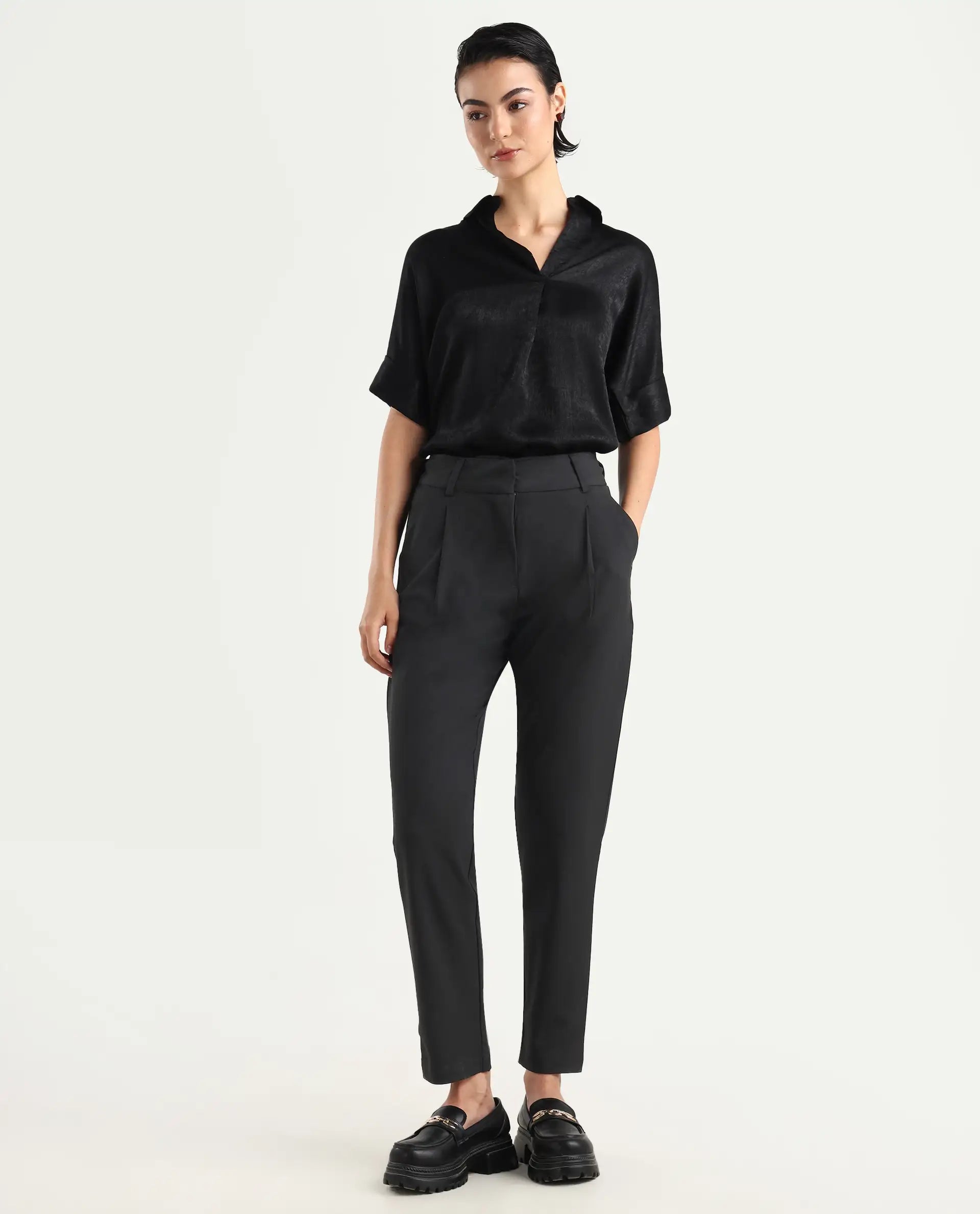 Rareism Women's Kaish Black Polyester Blend Plain Ankle Length Tapered Trouser