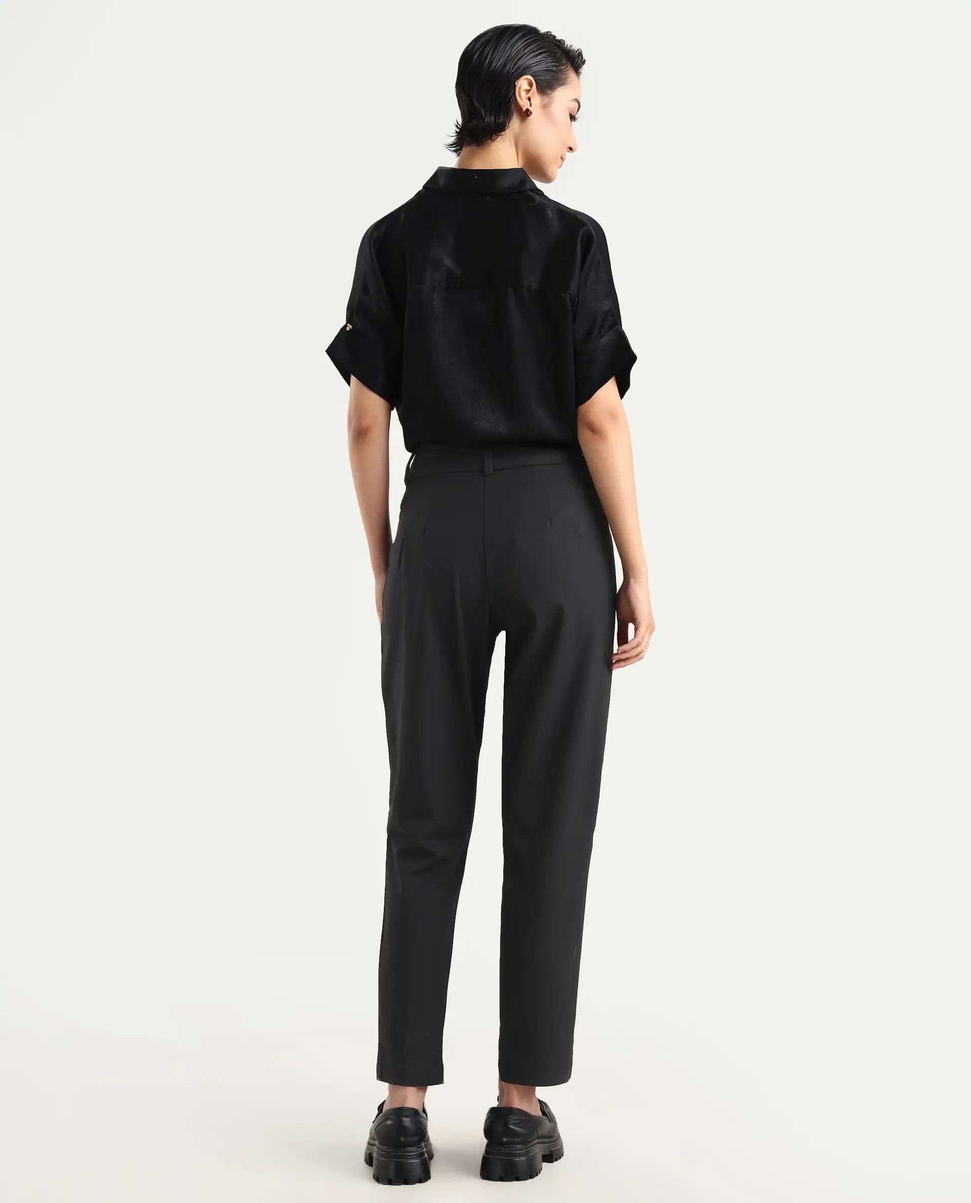 Rareism Women's Kaish Black Polyester Blend Plain Ankle Length Tapered Trouser