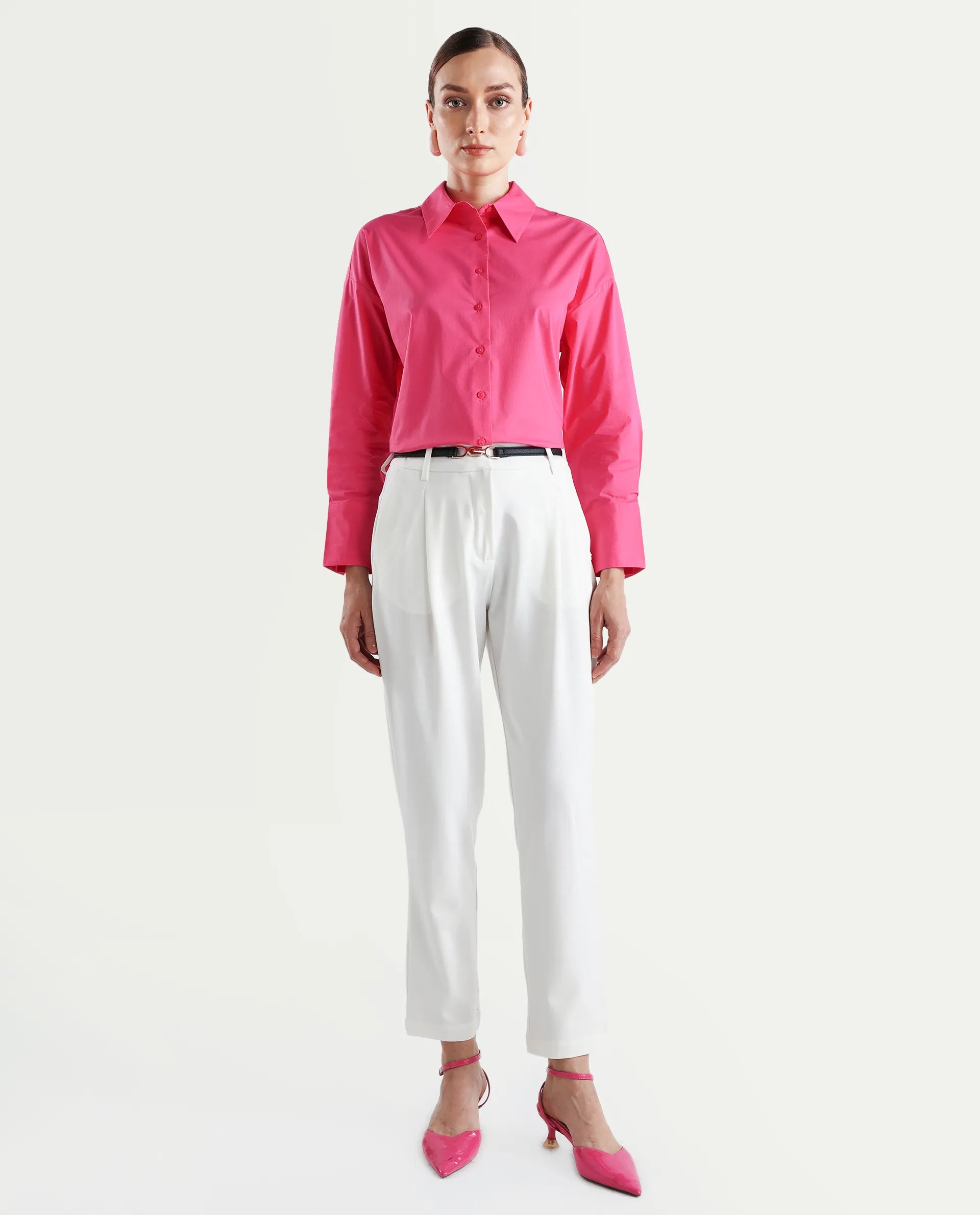 Rareism Women's Kaish Off White Polyester Blend Plain Ankle Length Tapered Trouser