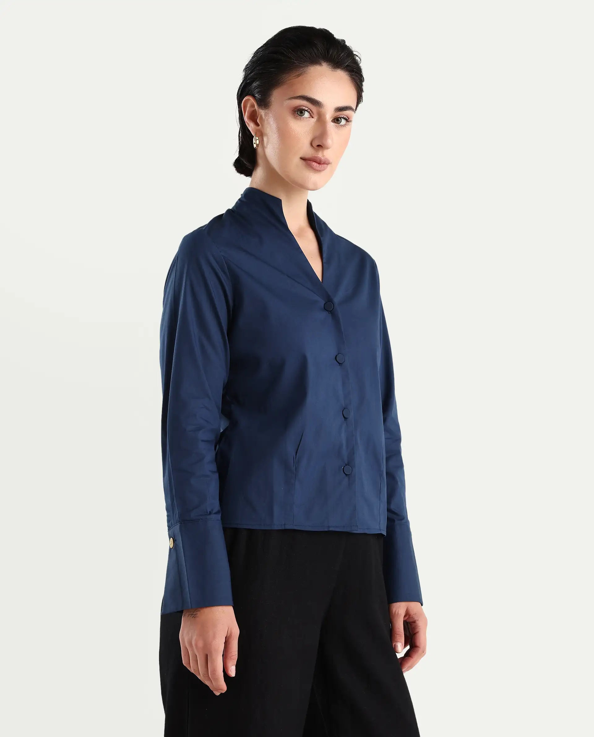 Rareism Women's Kaldo Light Navy Cotton Blend High Neck Plain Crop Regular Fit Top