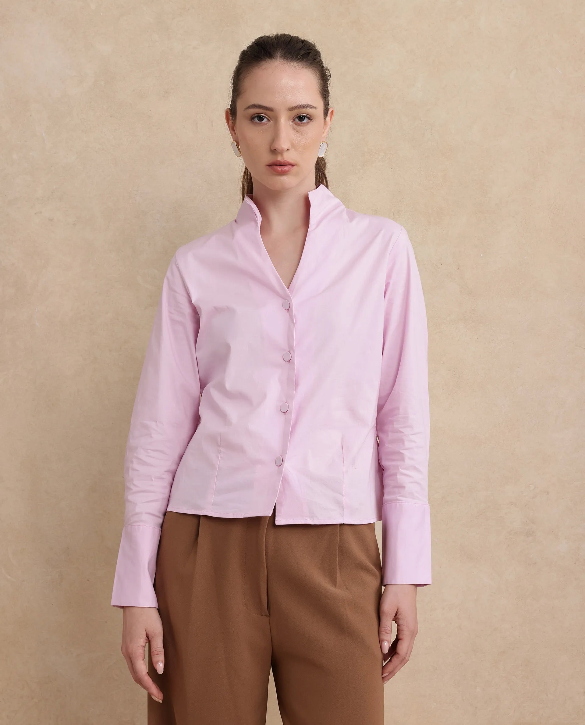 Rareism Women Kaldo Light Pink Cotton Fabric Regular Sleeves High Neck Button Closure Cropped Plain Shirt
