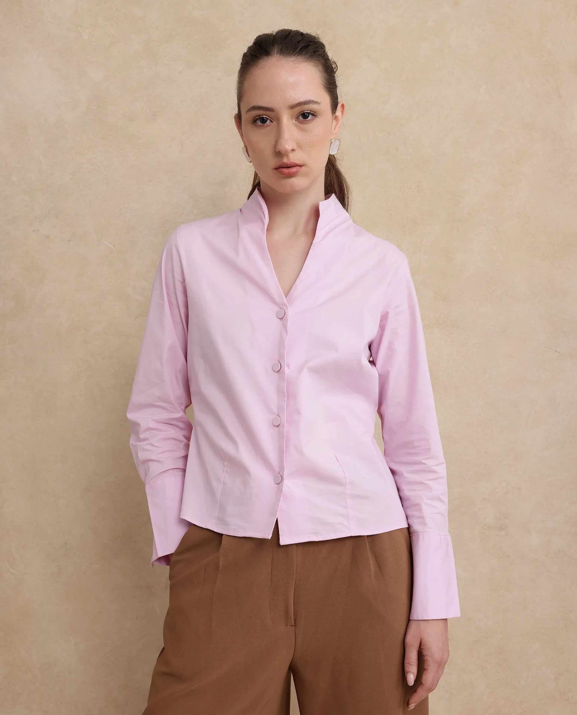 Rareism Women Kaldo Light Pink Cotton Fabric Regular Sleeves High Neck Button Closure Cropped Plain Shirt