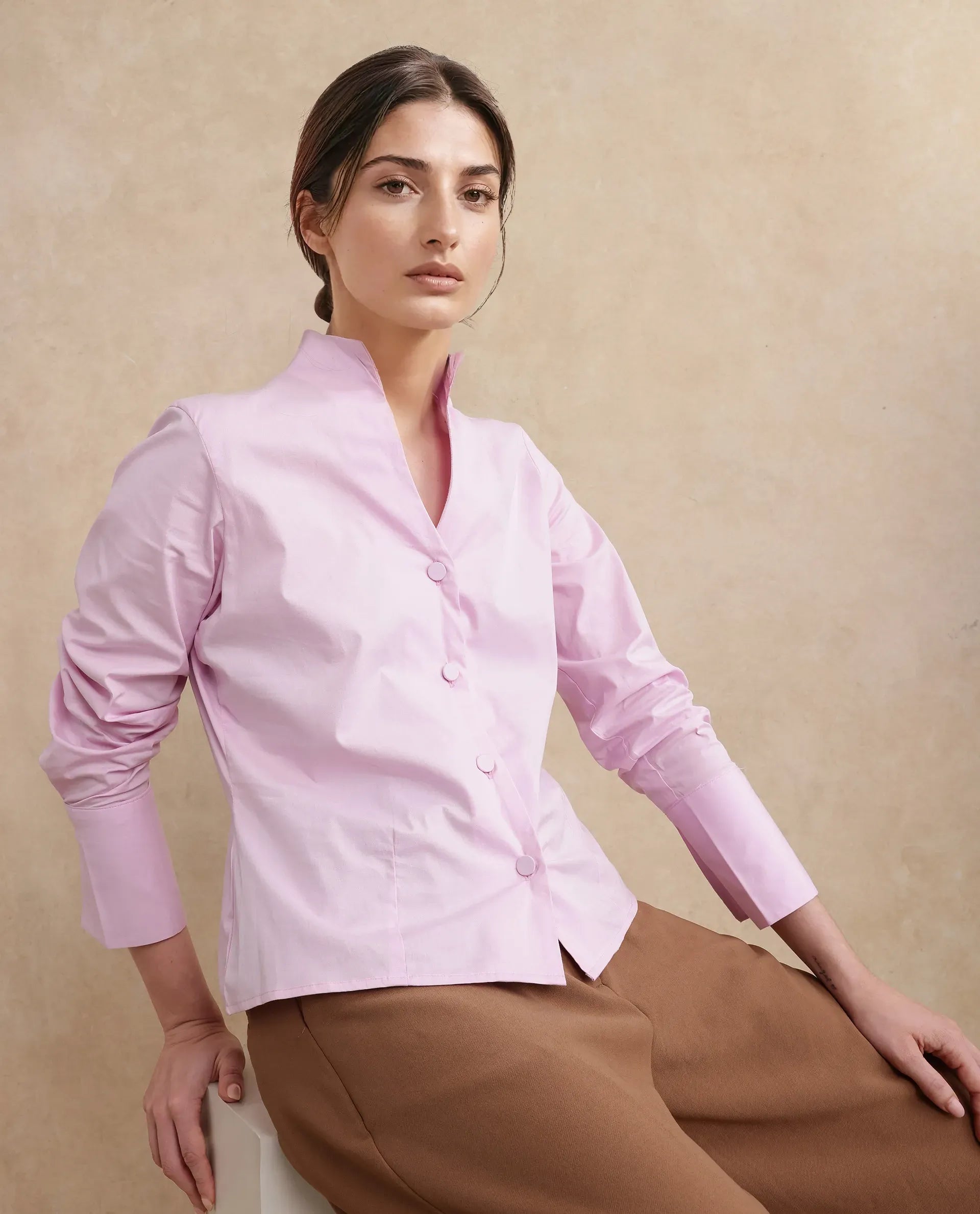 Rareism Women's Kaldo Light Pink Cotton High Neck Plain Crop Regular Fit Shirt