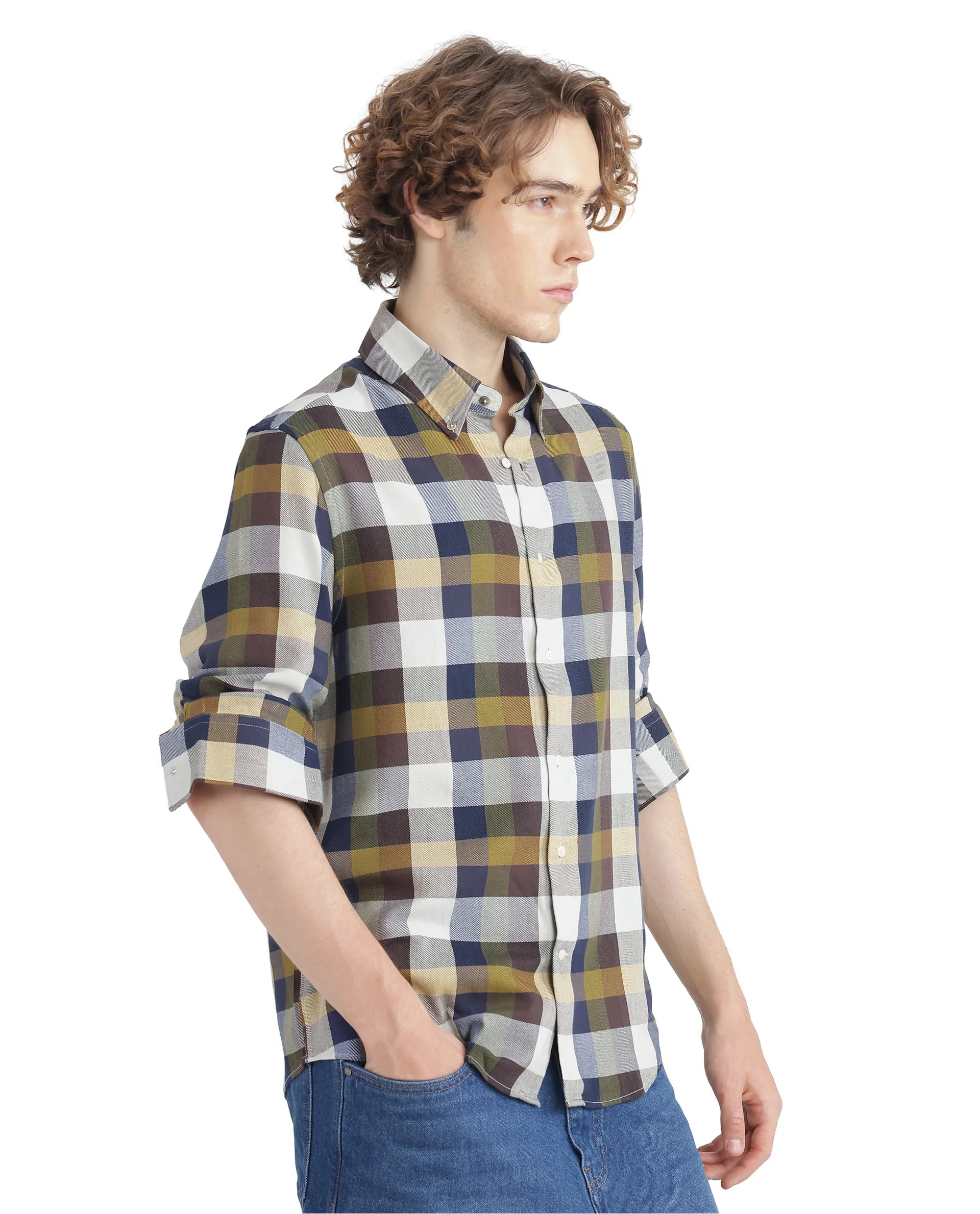 Rare Rabbit Men's Kalen Multi Cotton Fabric Regular Fit Checks Shirt