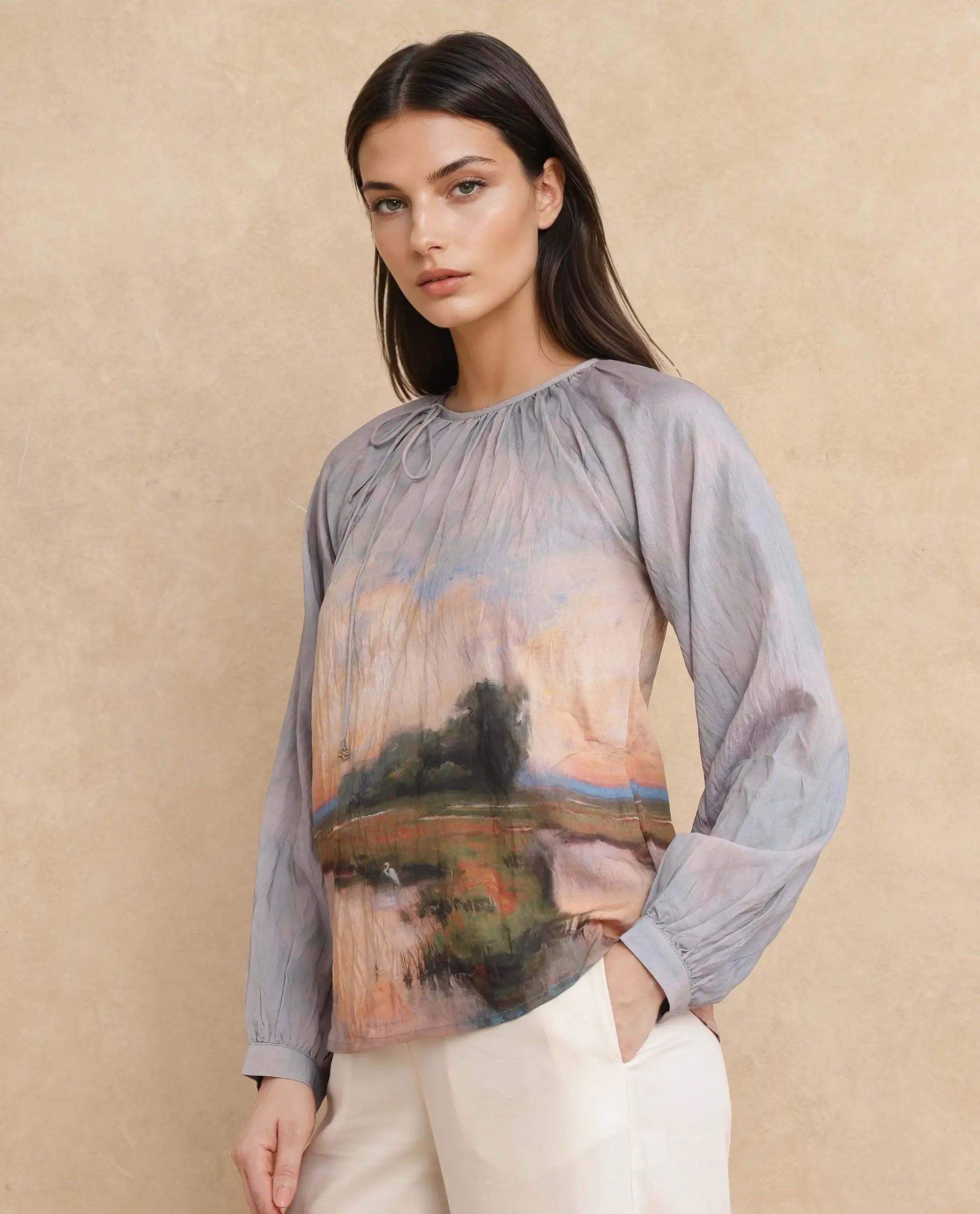 Rareism Women Kall Multi Nylon Viscose Fabric Raglan Sleeves Boat Neck Tie Up Closure Digital Print Top