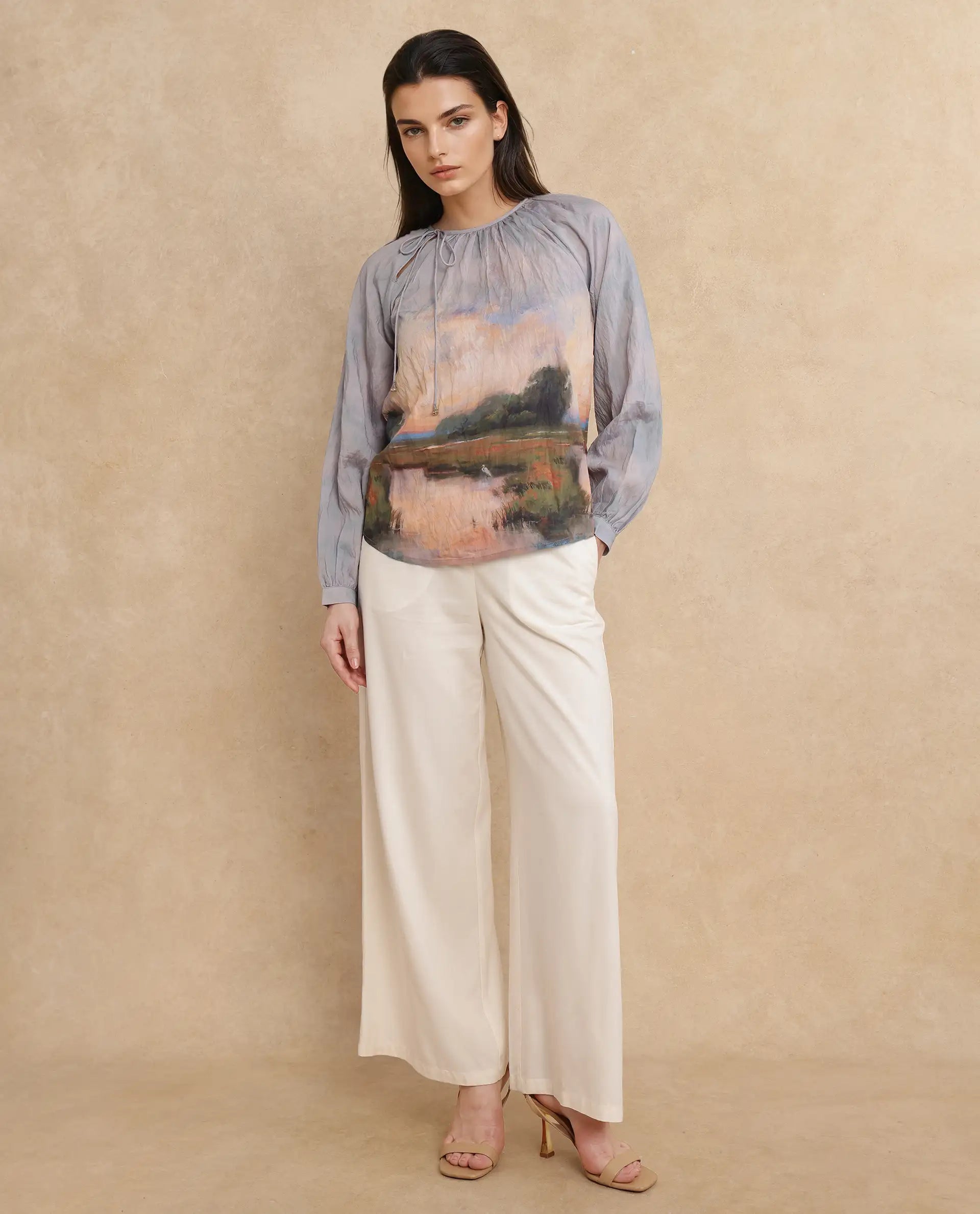 Rareism Women Kall Multi Nylon Viscose Fabric Raglan Sleeves Boat Neck Tie Up Closure Digital Print Top