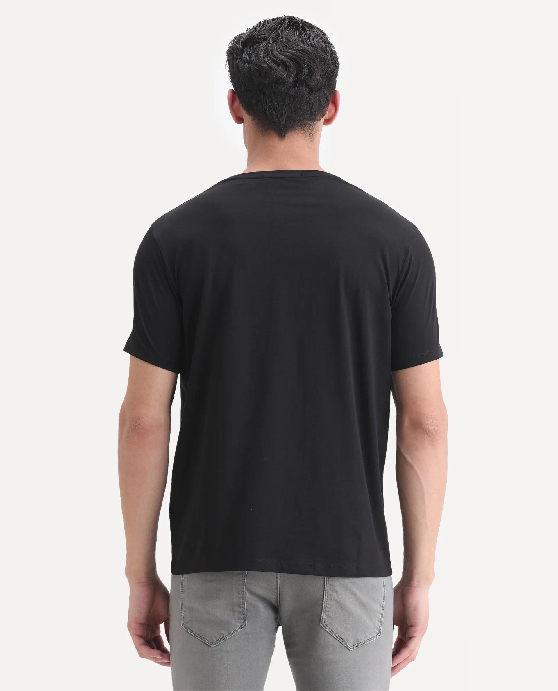 Rare Rabbit Men's Kalo Black Cotton Blend Graphic Print Regular Fit Half Sleeve Crew Neck T-Shirt