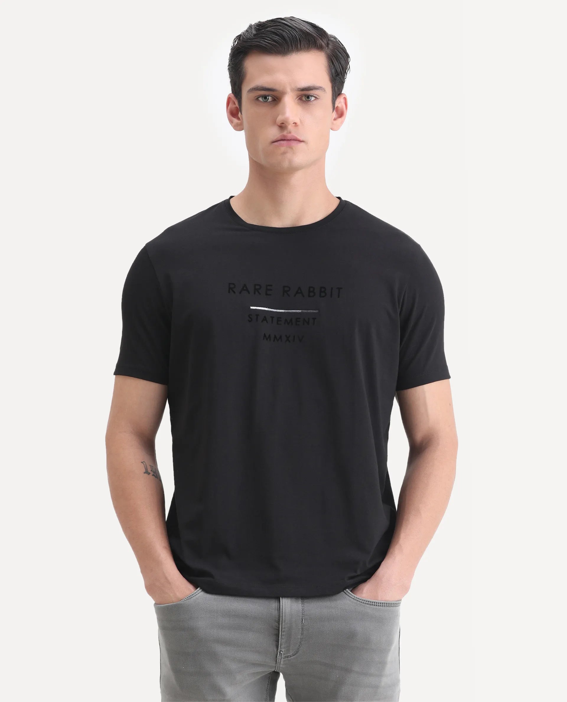Rare Rabbit Men's Kalo Black Cotton Blend Graphic Print Regular Fit Half Sleeve Crew Neck T-Shirt