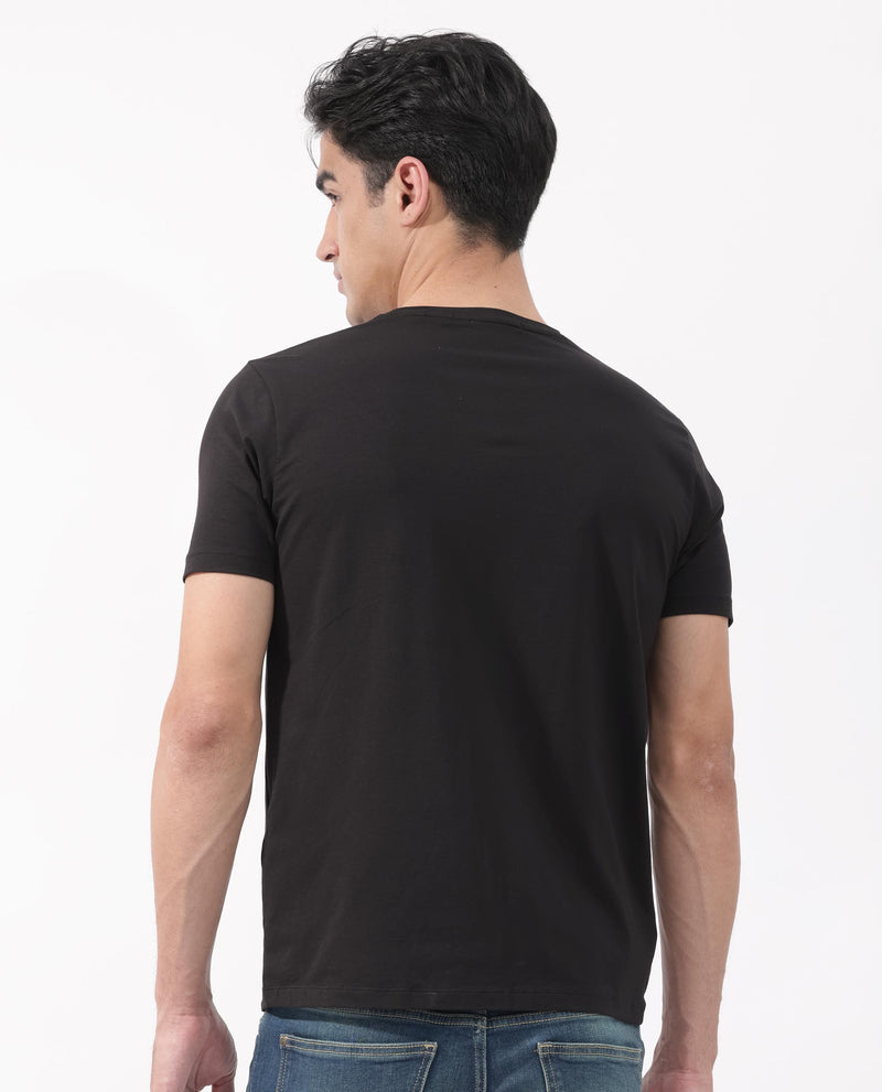 Rare Rabbit Men's Kalon Black Cotton Lycra Fabric Half Sleeves Logo Graphic Print T-Shirt