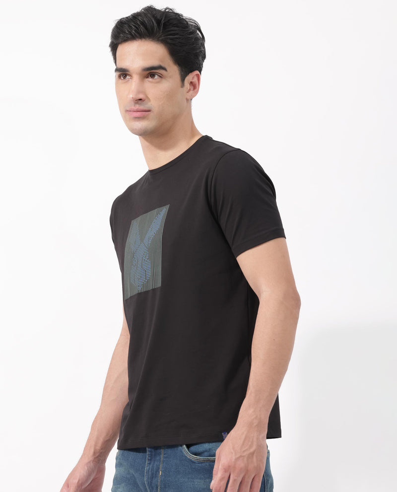 Rare Rabbit Men's Kalon Black Cotton Lycra Fabric Half Sleeves Logo Graphic Print T-Shirt