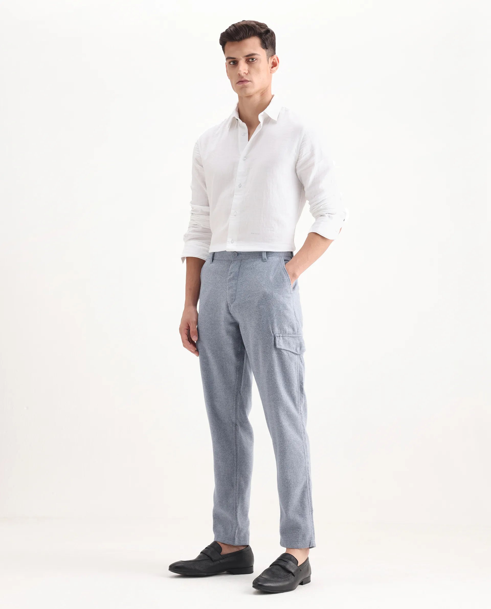 Rare Rabbit Men's Kalor Blue Cotton Plain Regular Fit Trouser