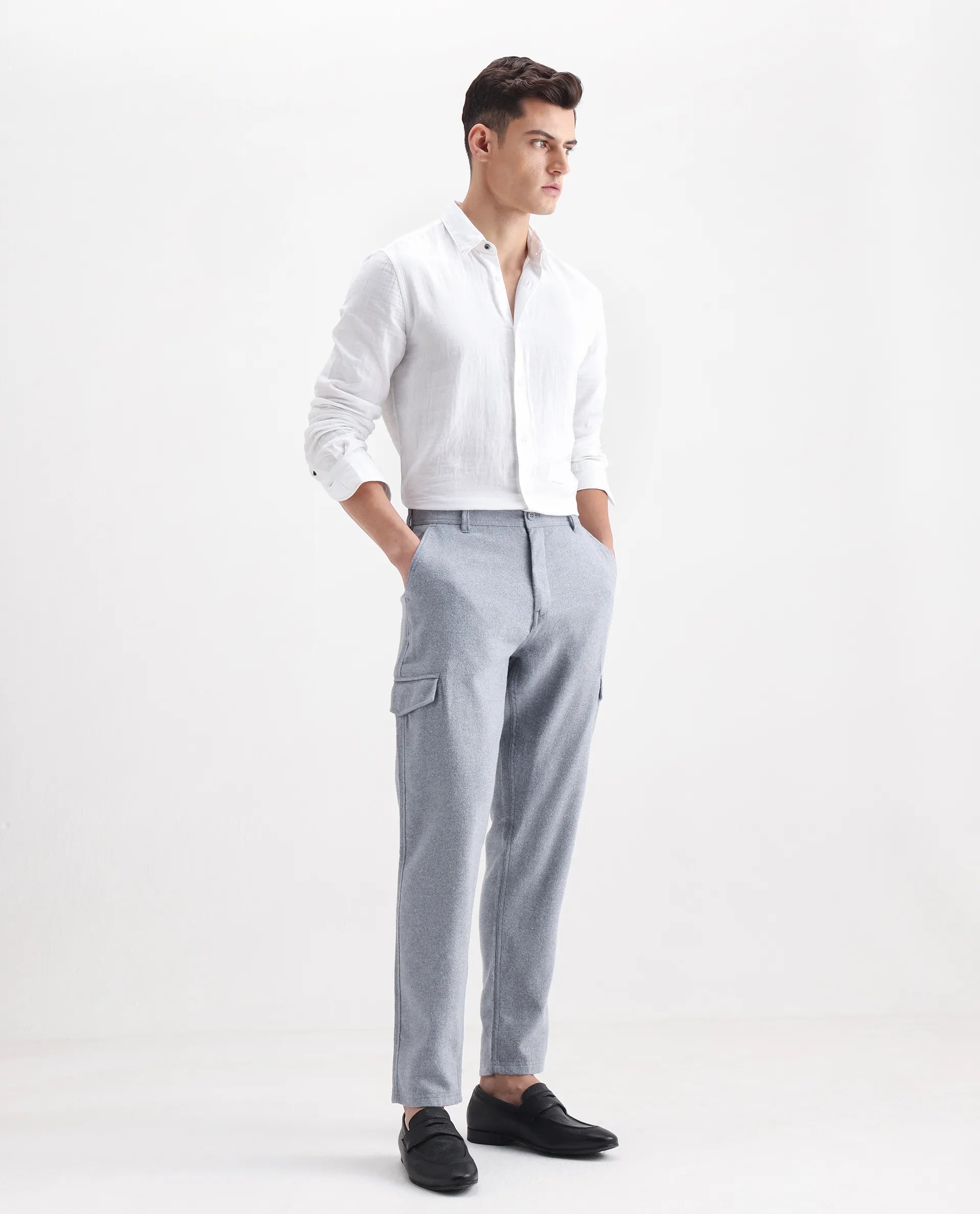 Rare Rabbit Men's Kalor Blue Cotton Plain Regular Fit Trouser