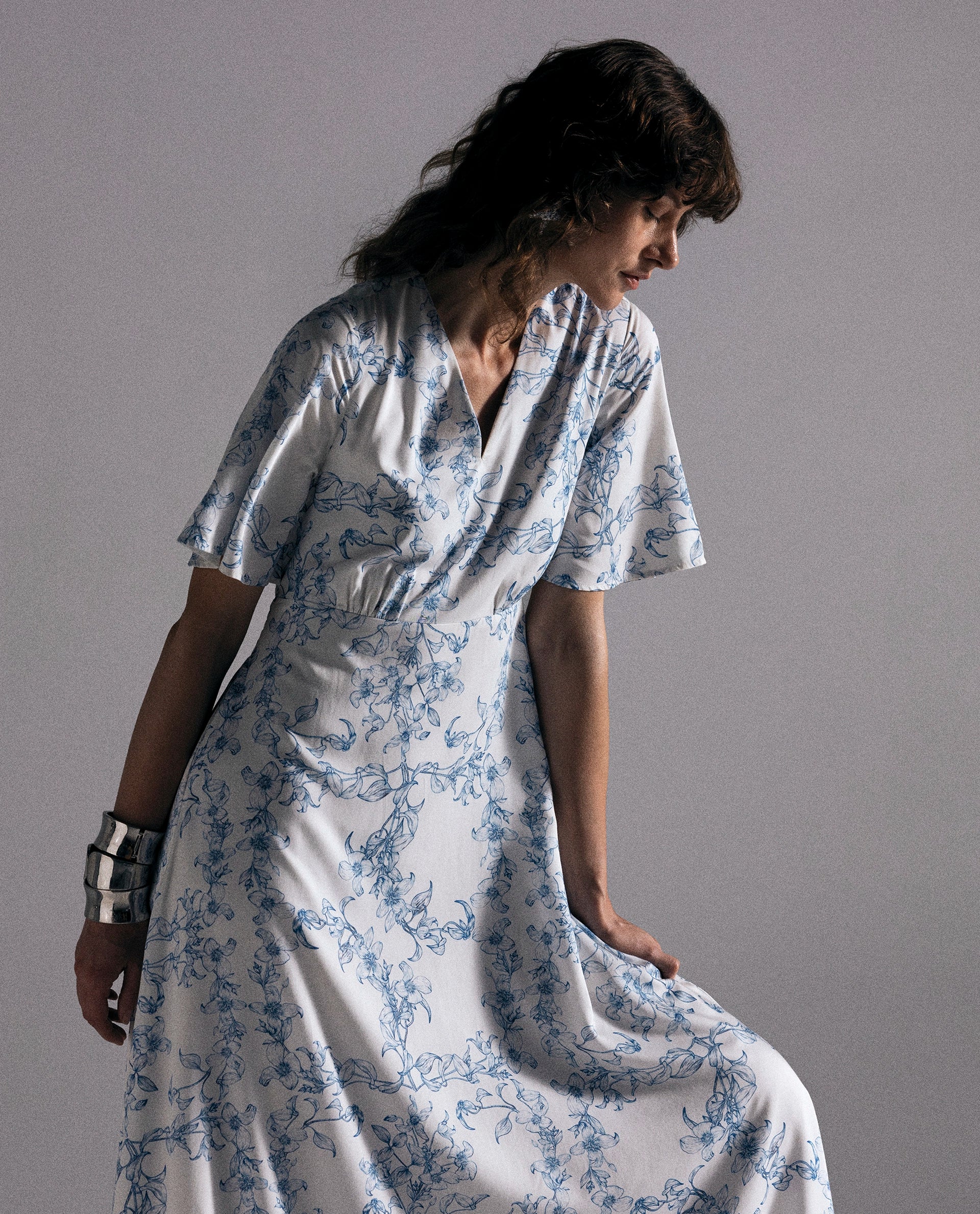 Rareism Women's Kamahe Off White Cotton Blend V-Neck Pull-On Fit And Flare Ornamental Print Dress