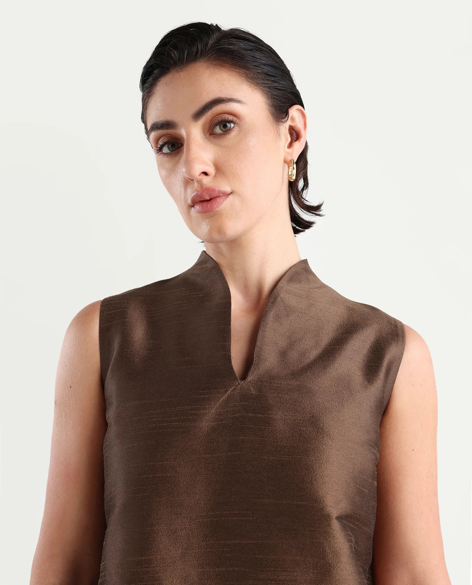 Rareism Women's Kamla Dark Brown Silk V-Neck Plain Sleeveless Knee Length Regular Fit Top