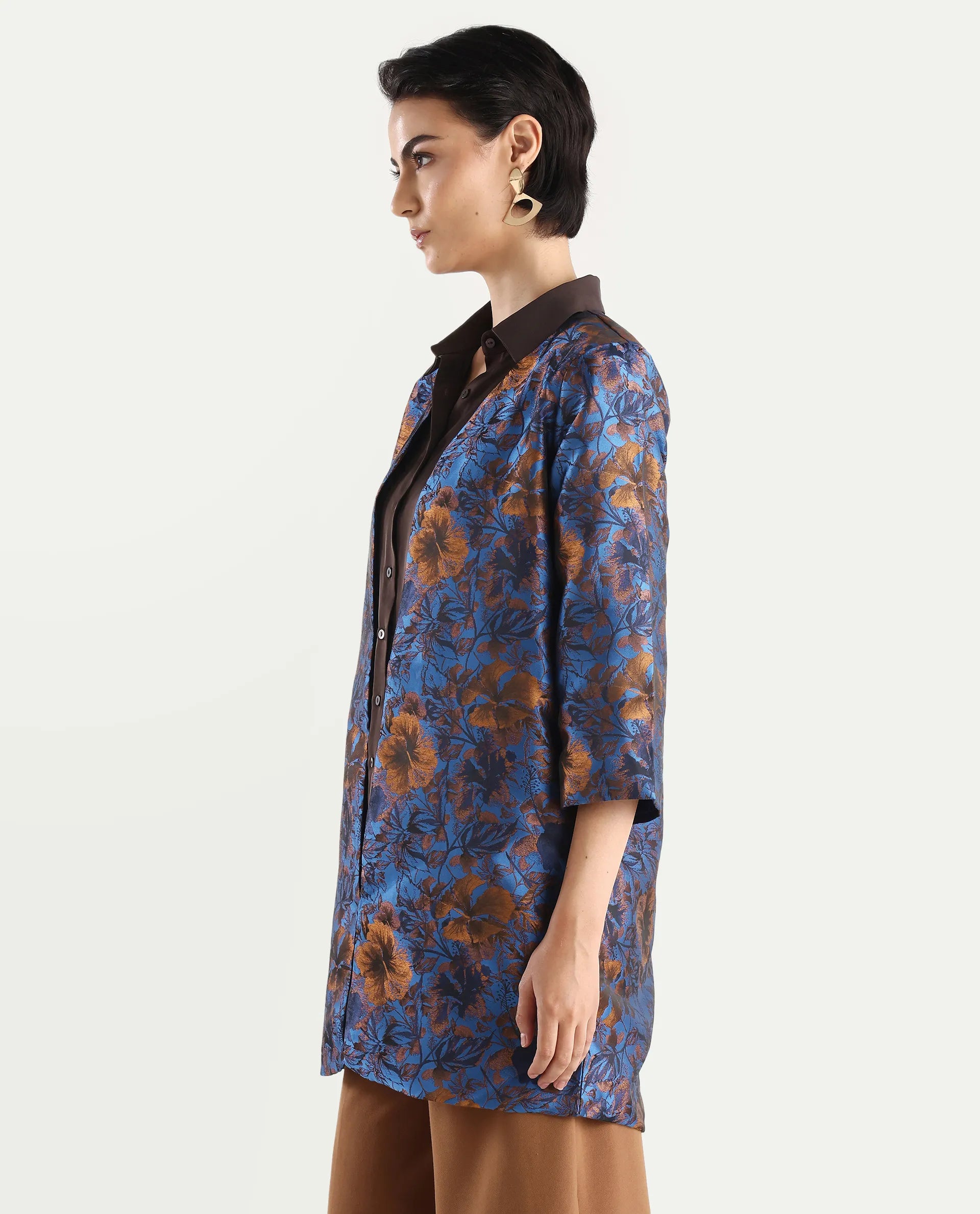 Rareism Women's Kamlay Multi Polyester Blend Collarless Jacquard Knee Length Regular Fit Jacket