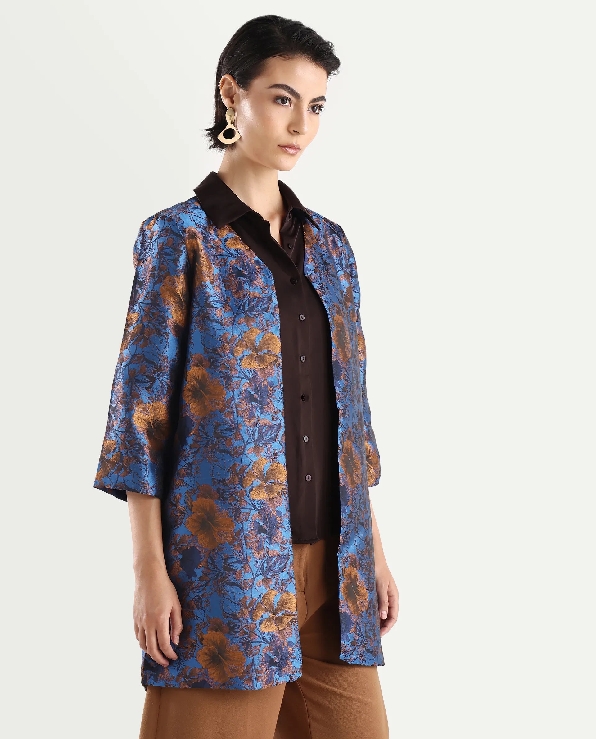 Rareism Women's Kamlay Multi Polyester Blend Collarless Jacquard Knee Length Regular Fit Jacket