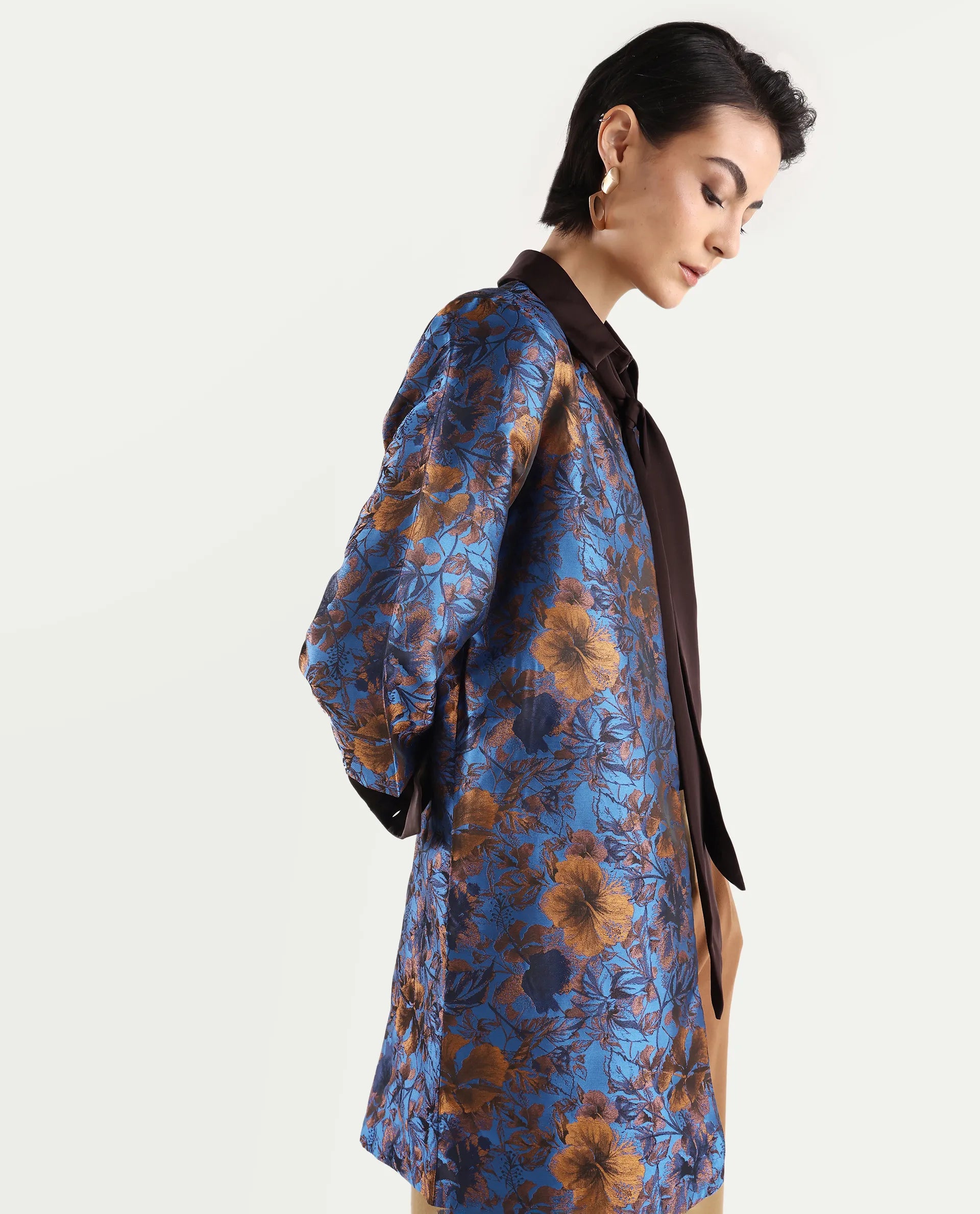 Rareism Women's Kamlay Multi Polyester Blend Collarless Jacquard Knee Length Regular Fit Jacket