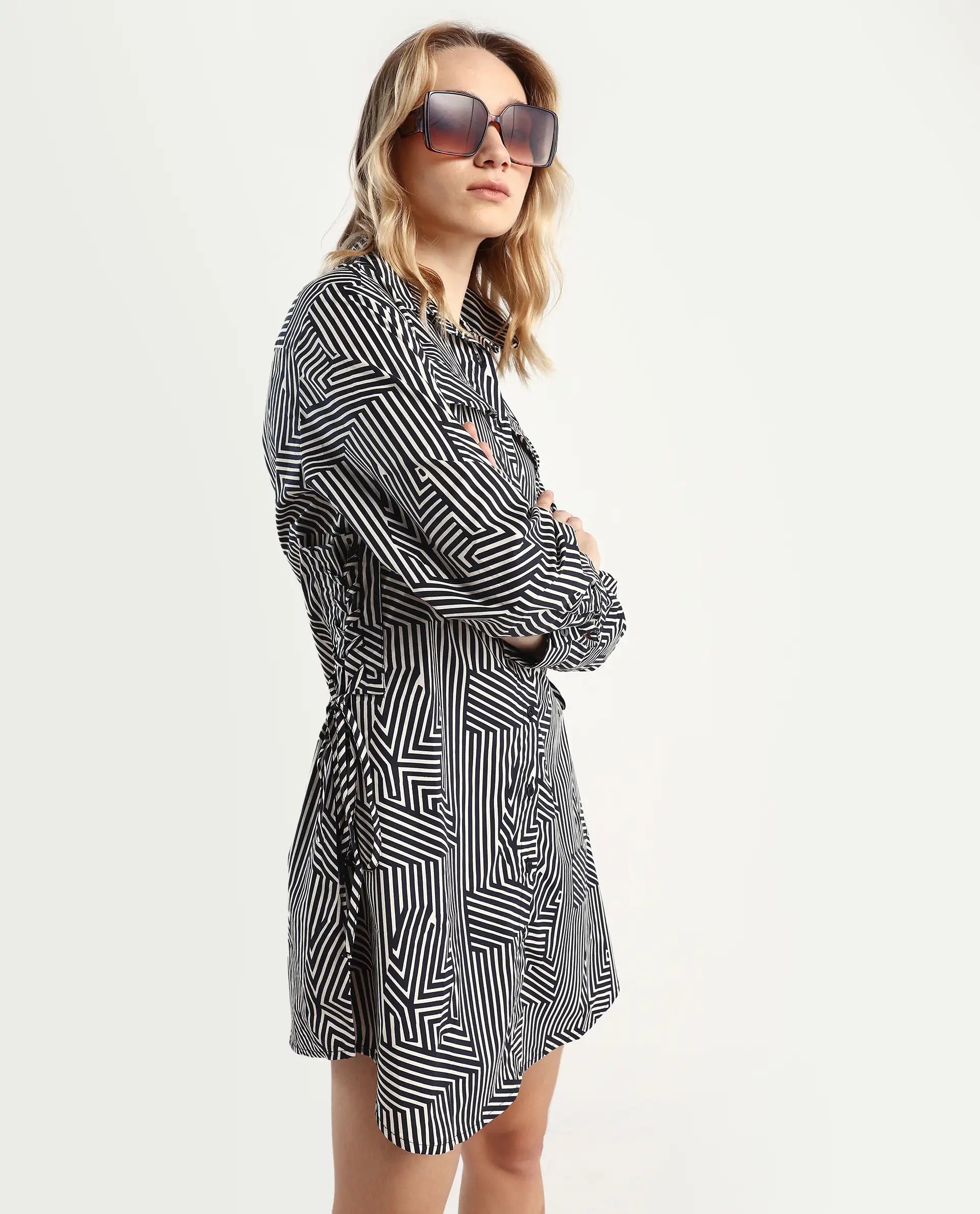 Rareism Women's Kamy Black Cotton Drop Collar Geometric Print Cuffed Sleeve Mini Regular Fit Dress