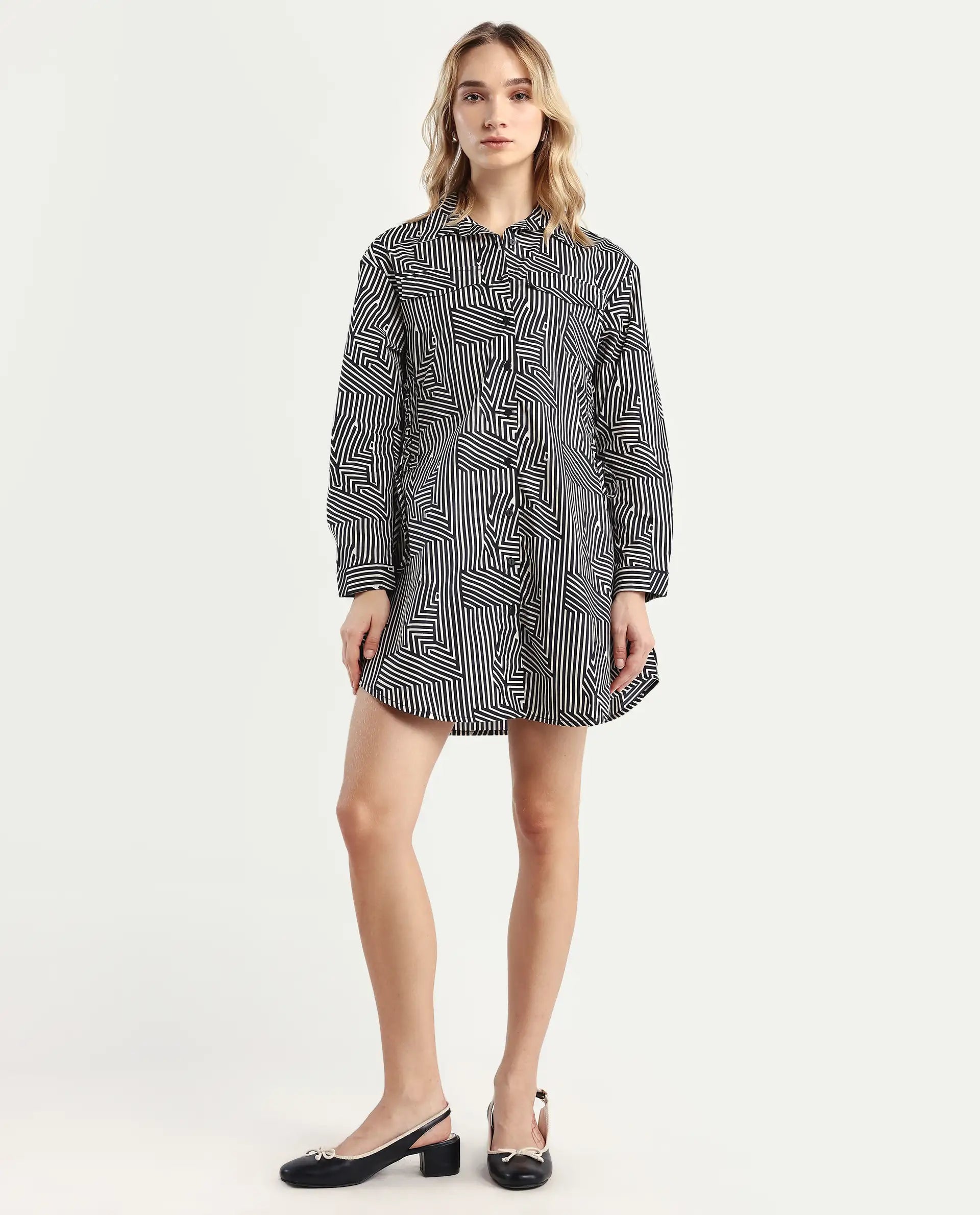 Rareism Women's Kamy Black Cotton Drop Collar Geometric Print Cuffed Sleeve Mini Regular Fit Dress