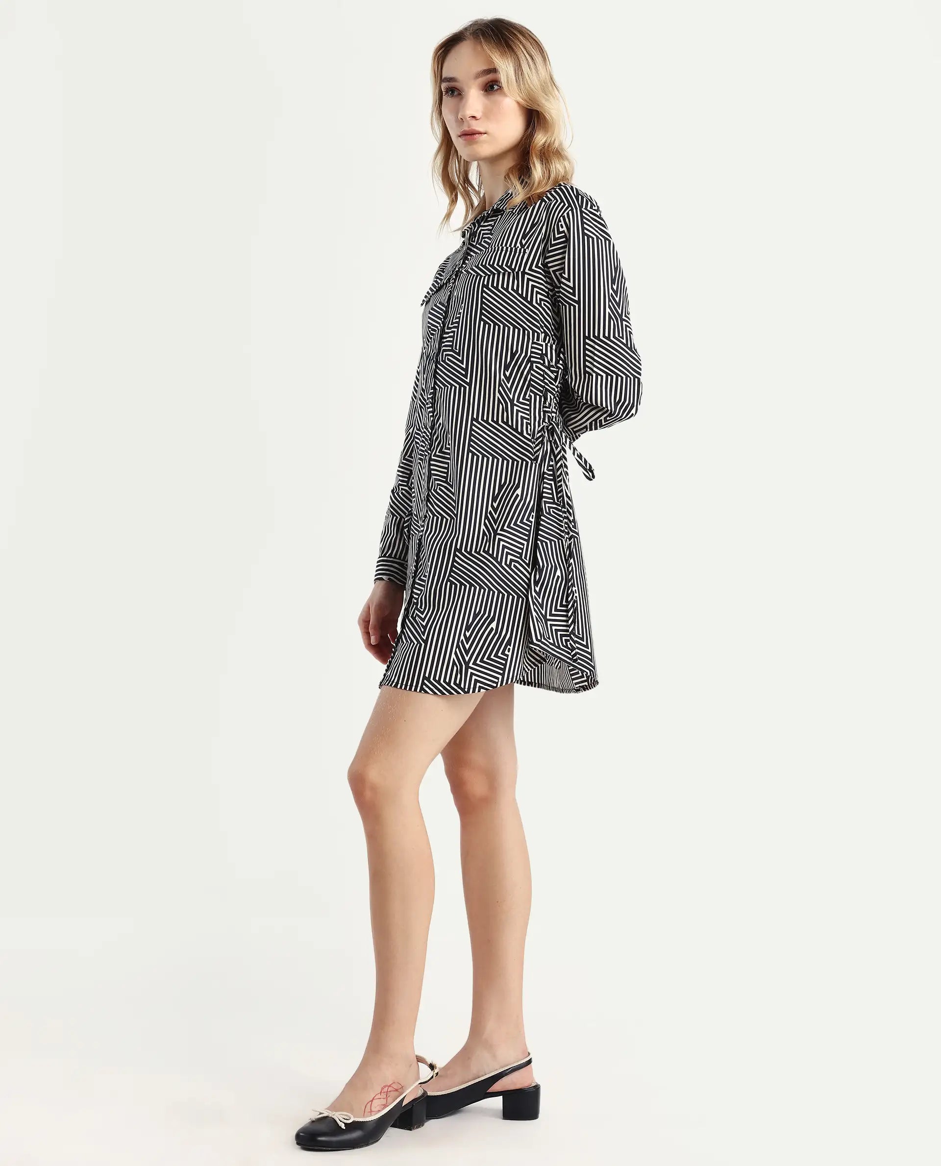 Rareism Women's Kamy Black Cotton Drop Collar Geometric Print Cuffed Sleeve Mini Regular Fit Dress