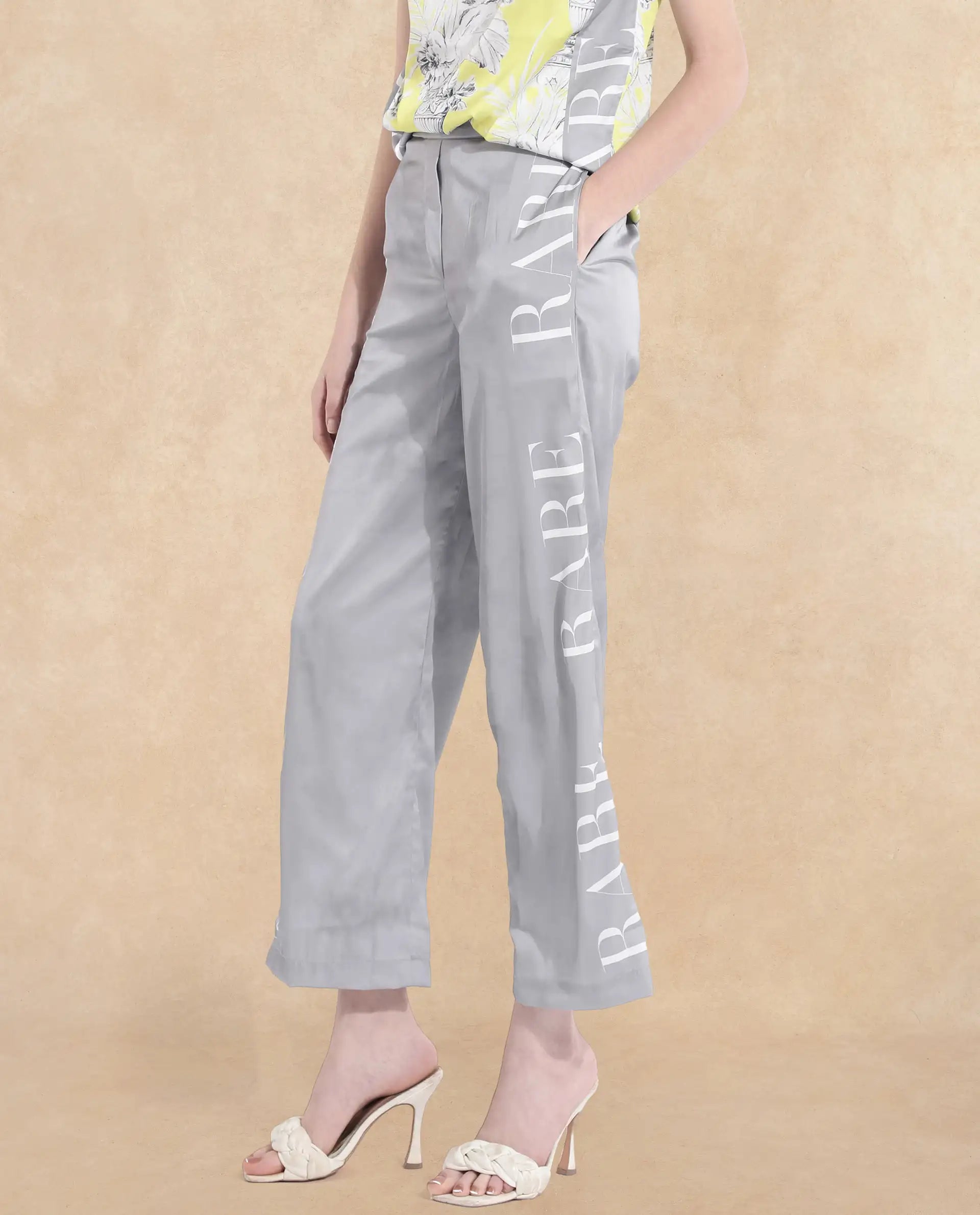 Rareism Women's Kanadio-B Light Grey Polyester Floral Print Ankle Length Straight Fit Trouser